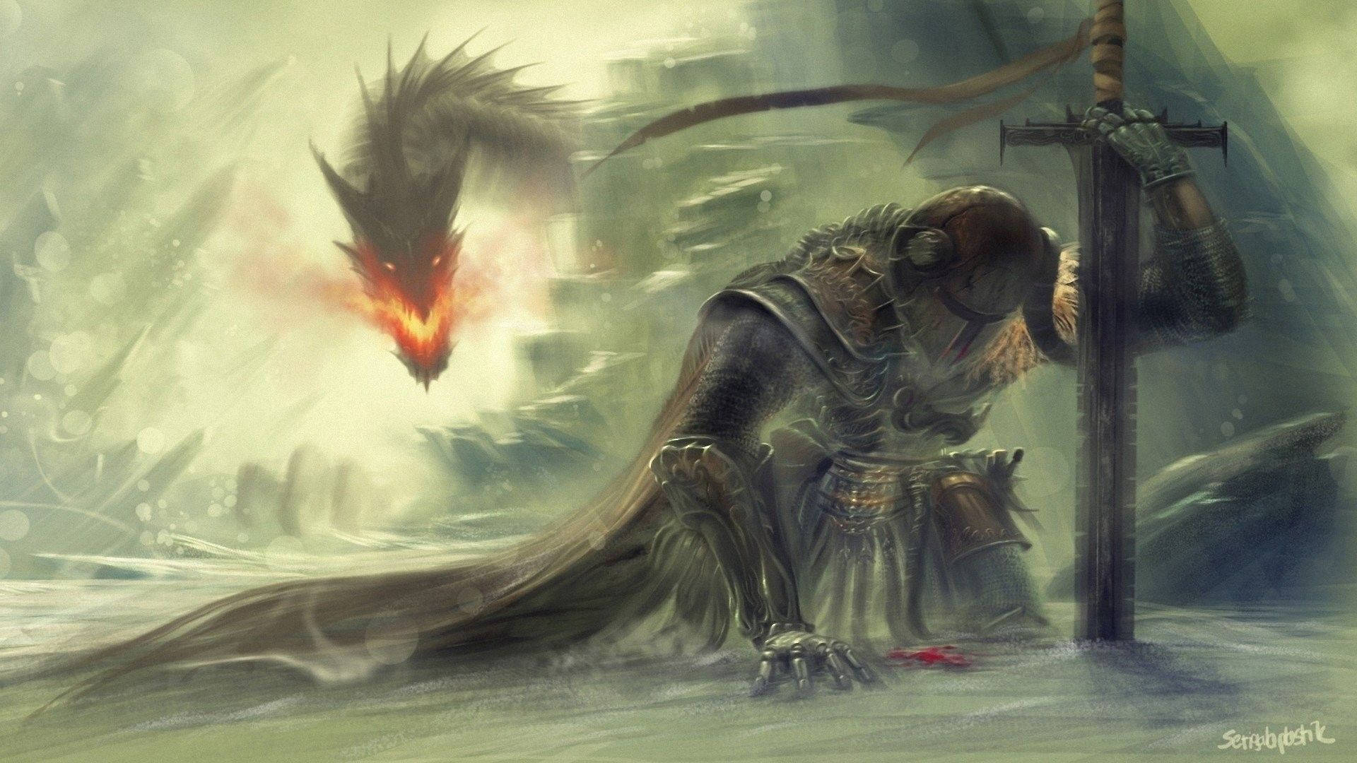 kneeling knight, dragon, fiery dragon, Full HD Desktop Wallpaper