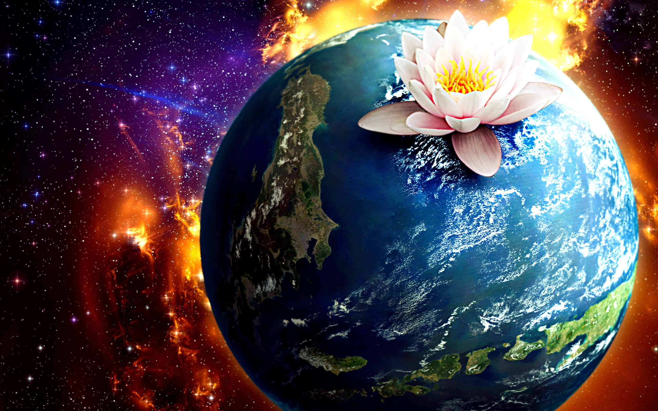 3D Earth, white lotus, blue Earth, 2K Desktop Wallpaper