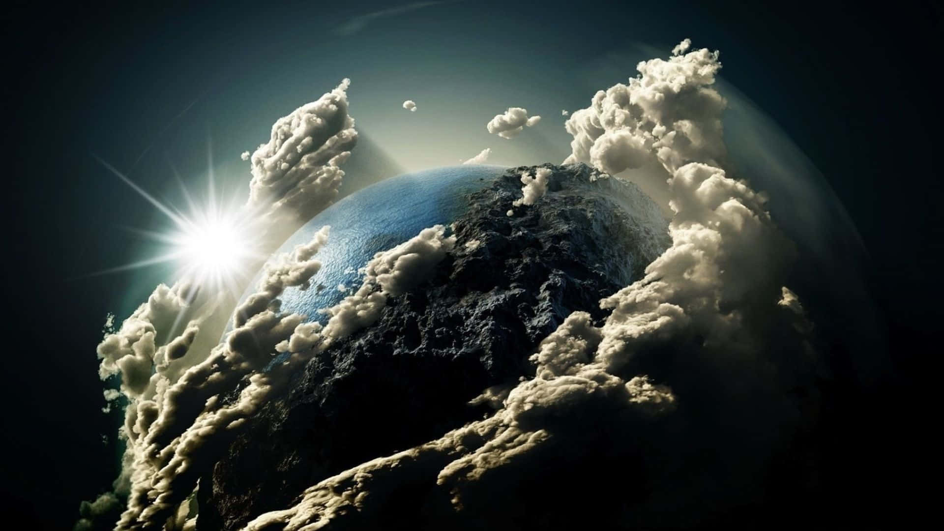 3d Earth, blue and rocky planet, glowing sun, Full HD Desktop Wallpaper