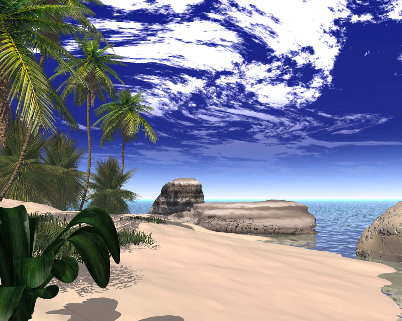 3D Landscape, tropical beach, palm trees, HD Desktop Wallpaper