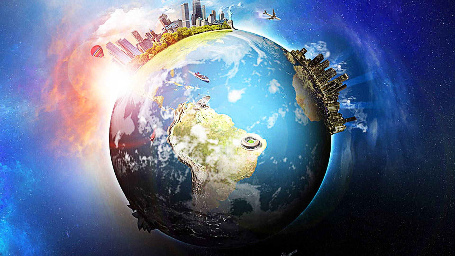 Earth Day, 3d-rendered globe, cityscapes, Full HD Desktop Wallpaper