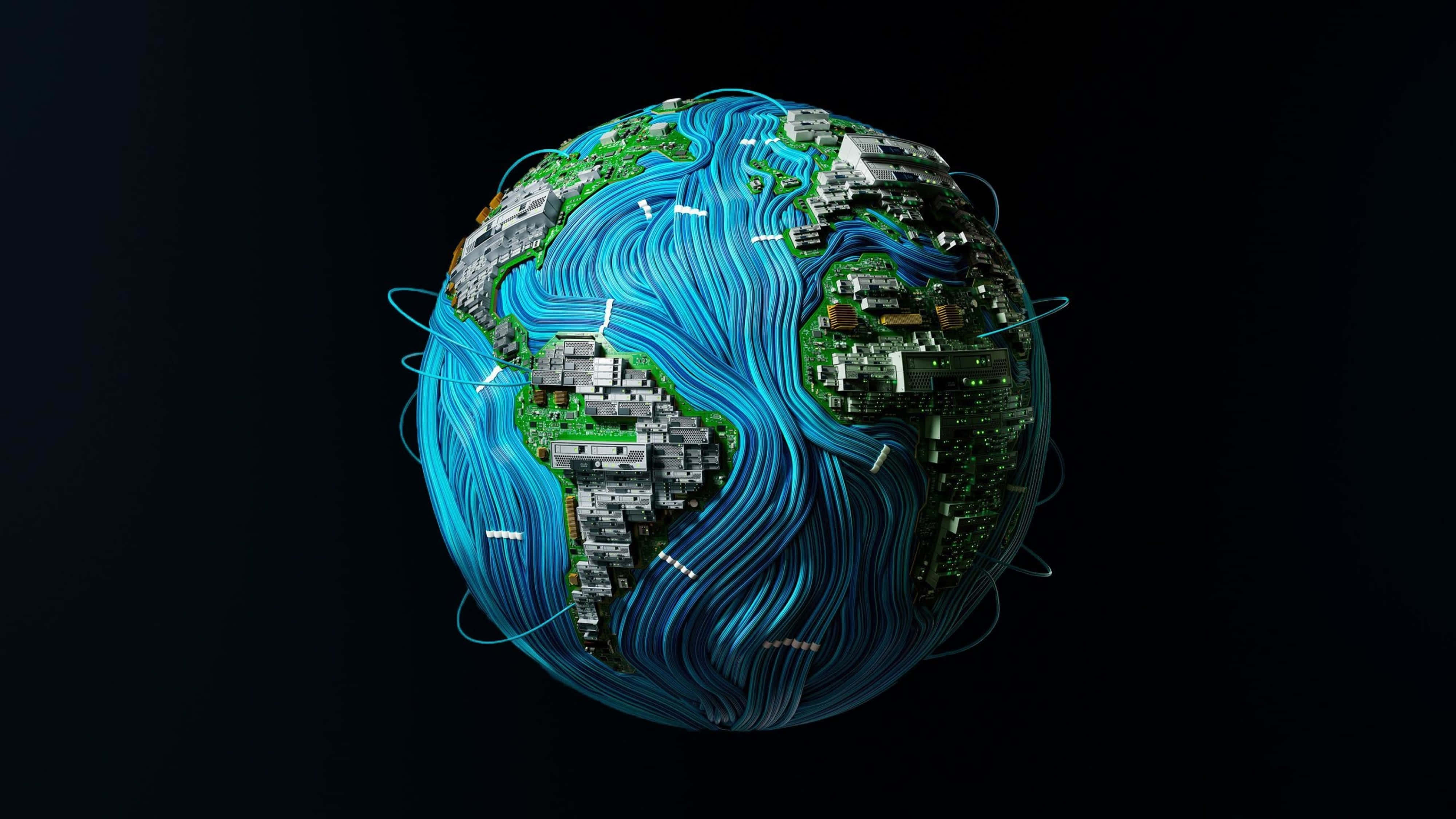 4K Tech Earth, glowing blue data streams, circuit board continents, 4K Desktop Wallpaper