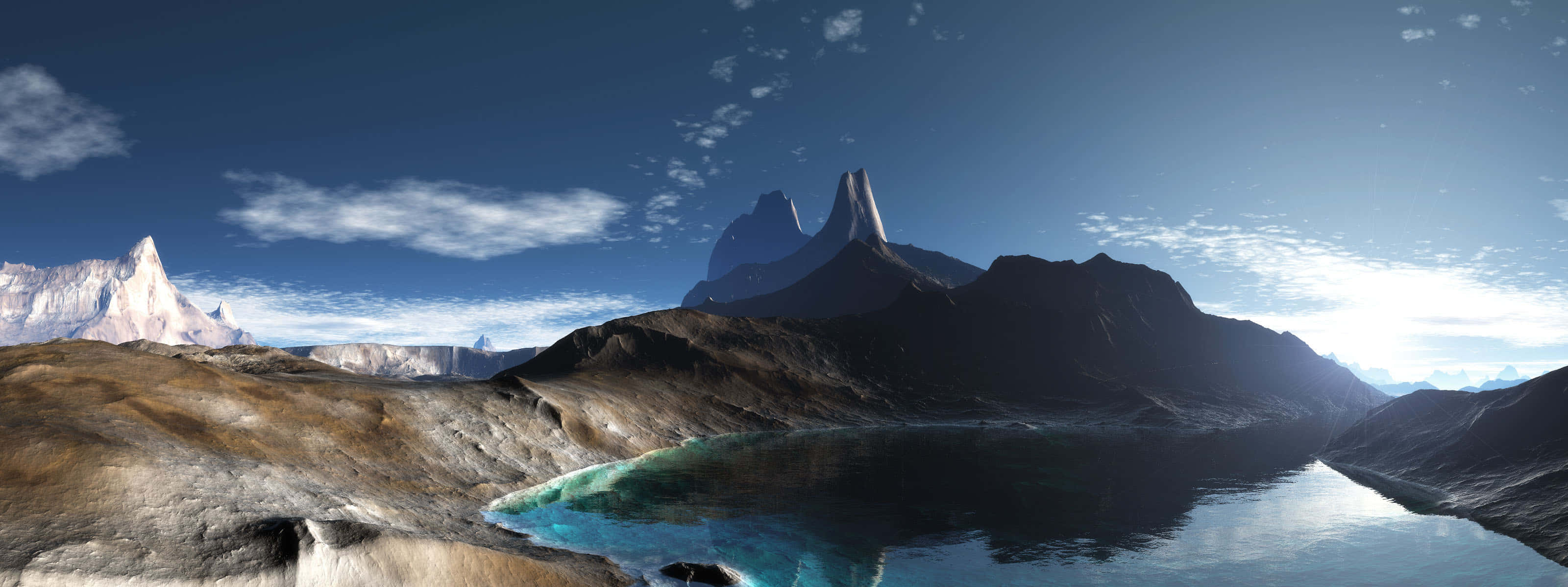alpine lake, jagged snow-capped peaks, vast blue sky, 2K Desktop Wallpaper