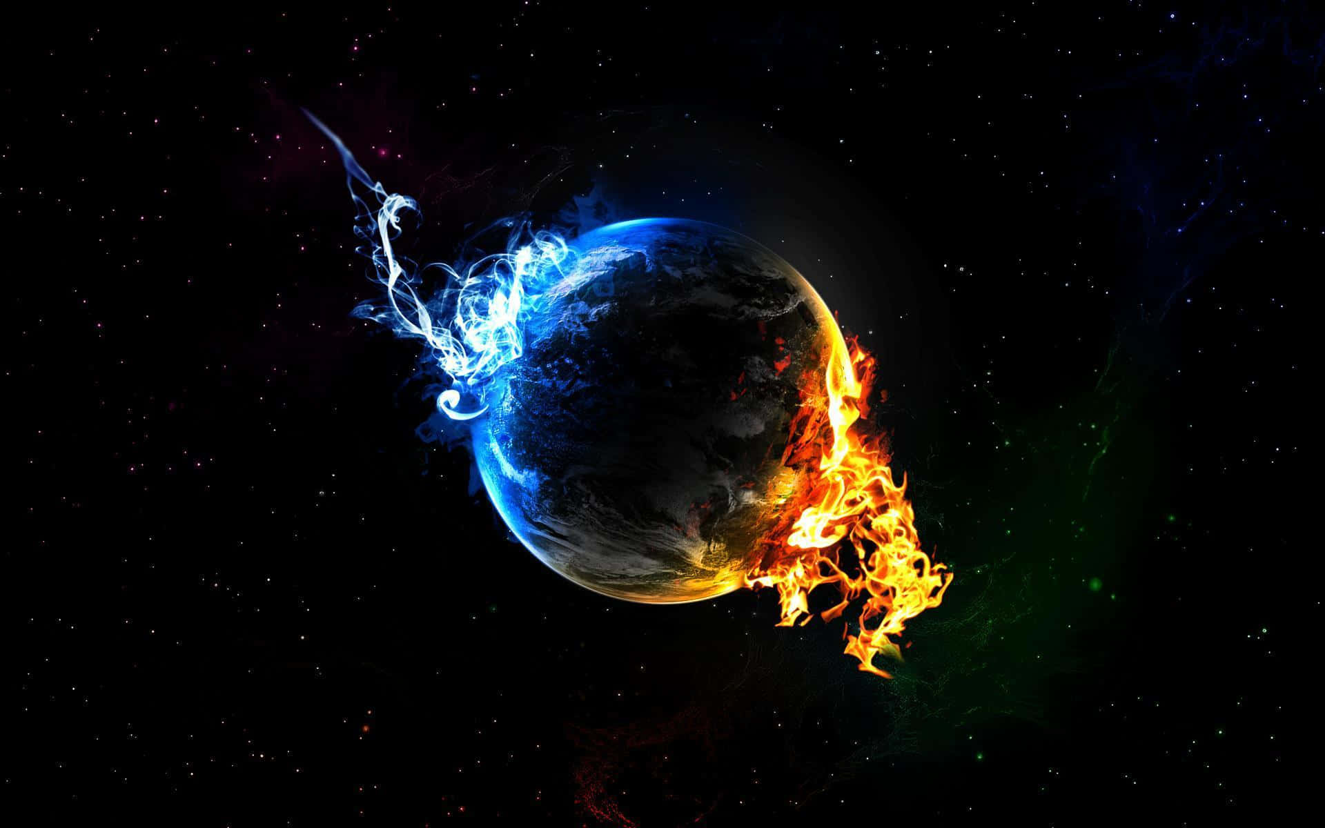 3d Earth, fiery flames, icy blue energy, Full HD Desktop Wallpaper