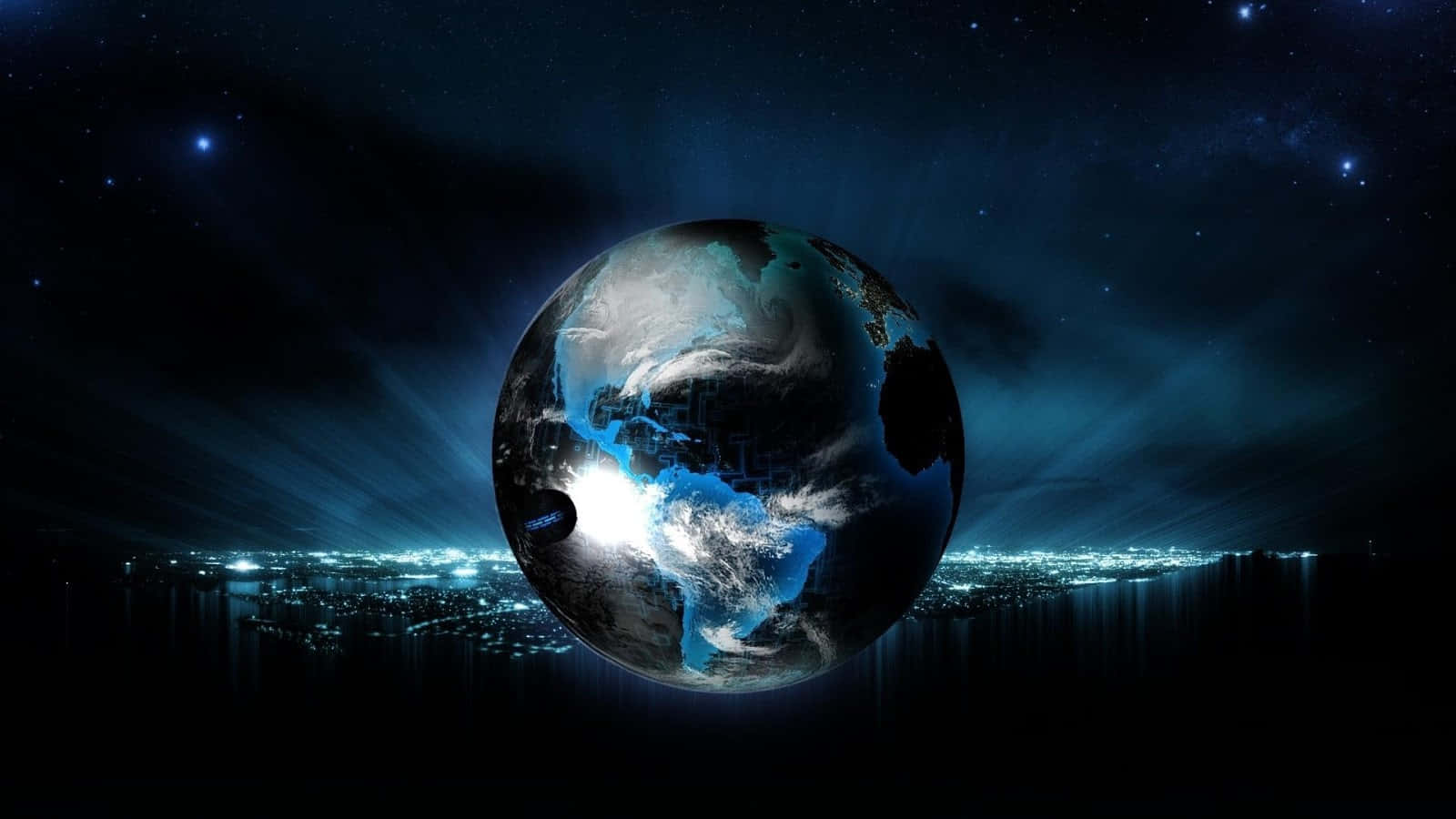 glowing blue Earth, cityscape at night, stars, HD Desktop Wallpaper
