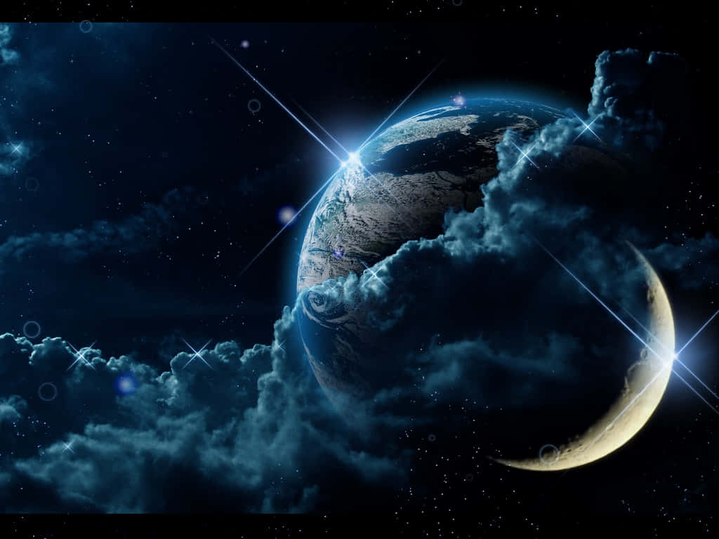crescent moon, Earth, swirling blue clouds, SD Desktop Wallpaper