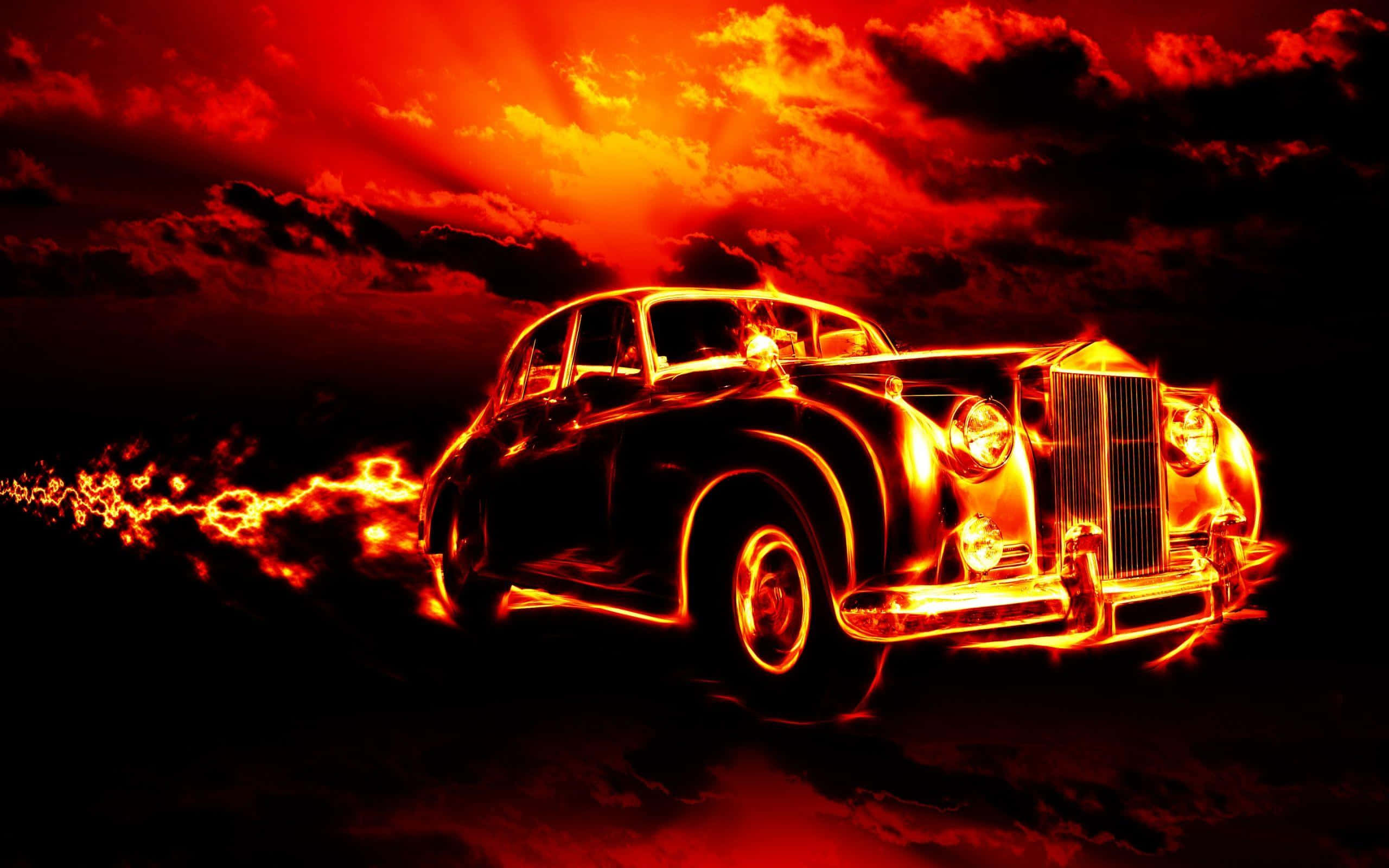 3d fire, vintage car, fiery orange light, 2K Desktop Wallpaper