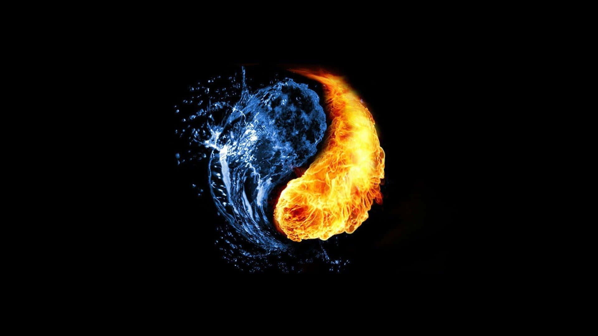 3d fire, yin yang symbol, blue water, Full HD Desktop Wallpaper
