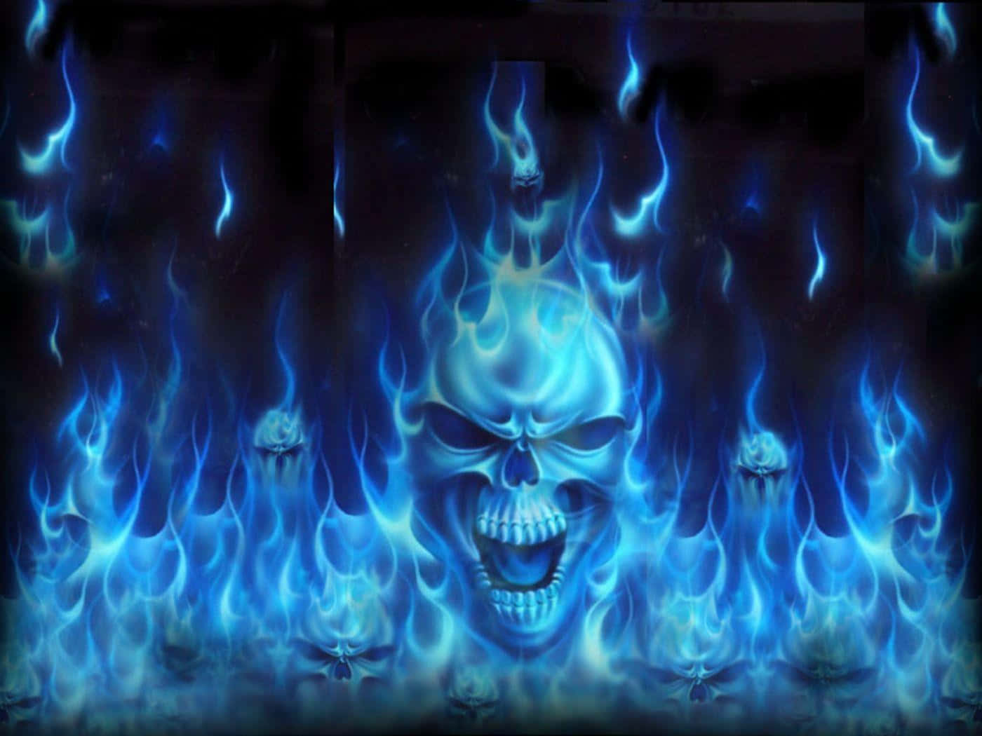 3d fire, glowing blue flames, menacing skull, HD Desktop Wallpaper