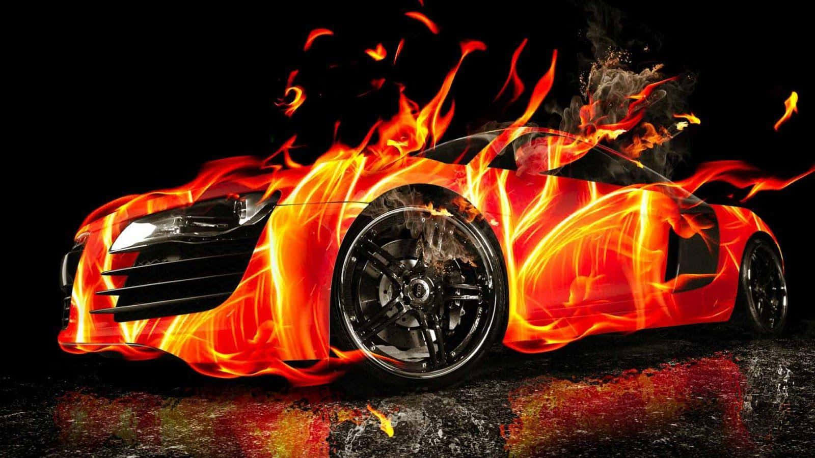 3d fire, red sports car, roaring orange flames, HD Desktop Wallpaper