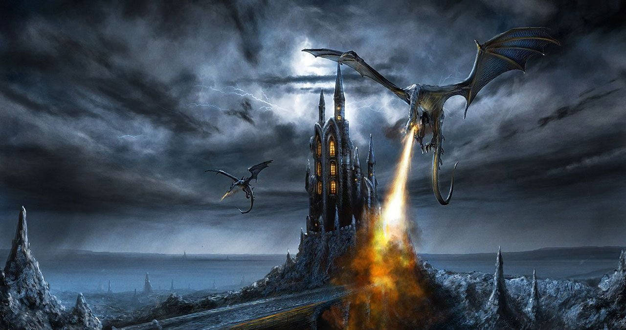 3d fire breathing dragon, gothic castle, stormy night sky, HD Desktop Wallpaper