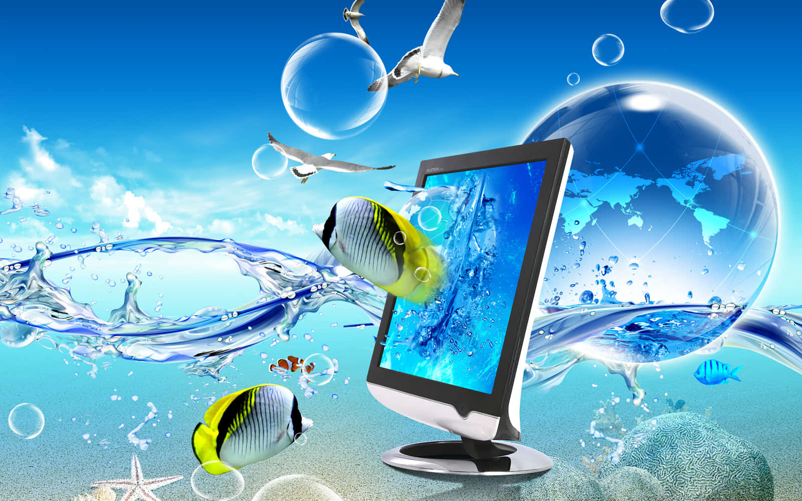 3d fish, tropical fish, bubbles, HD Desktop Wallpaper