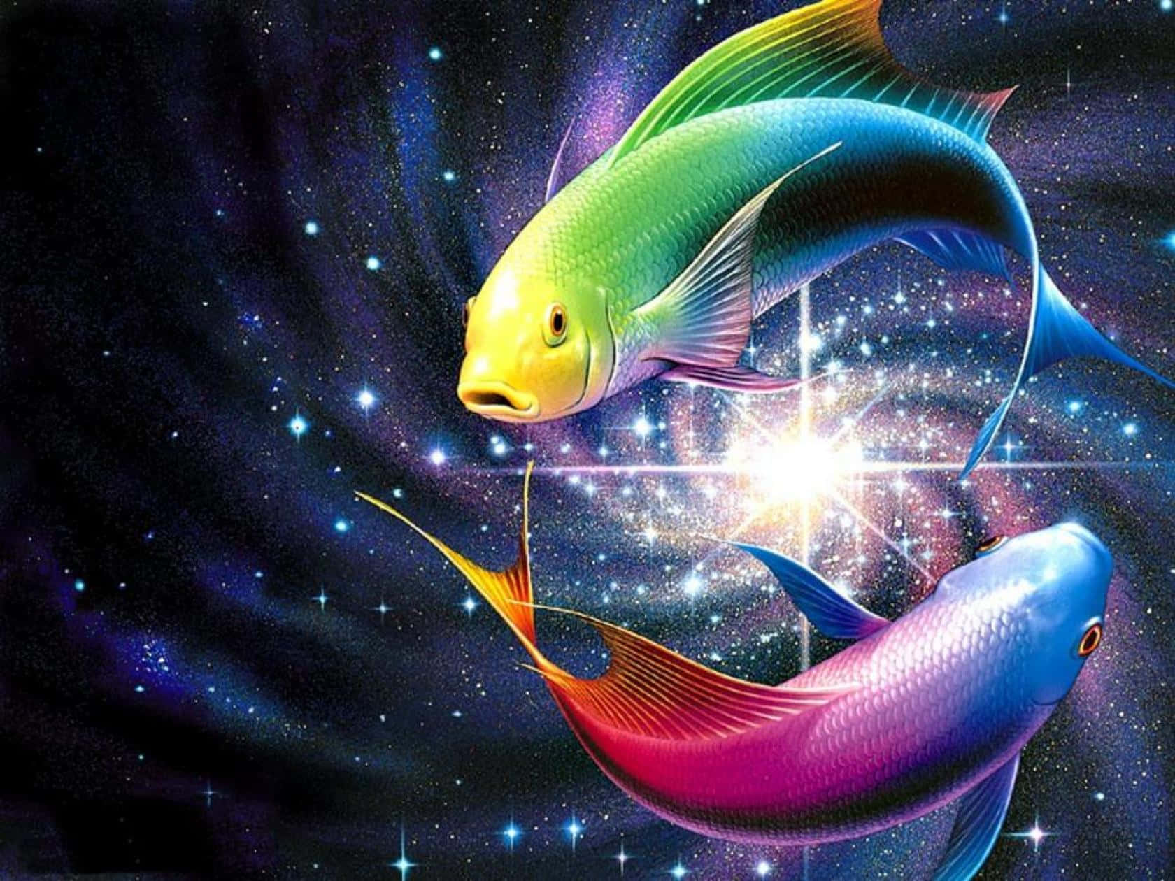 3d fish, iridescent fish, cosmic nebula, HD Desktop Wallpaper