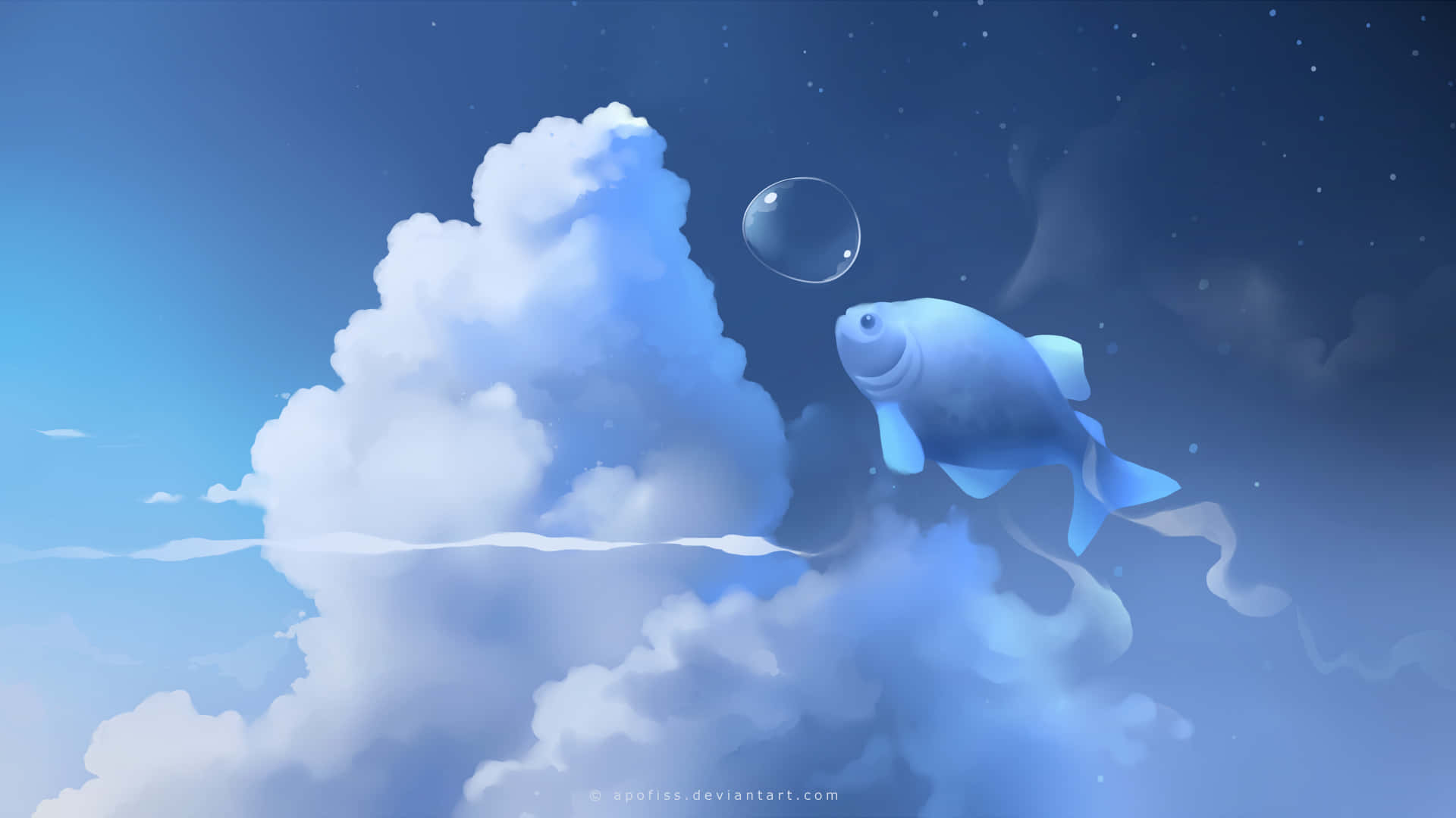 3d fish, blue fish, starry sky, Full HD Desktop Wallpaper