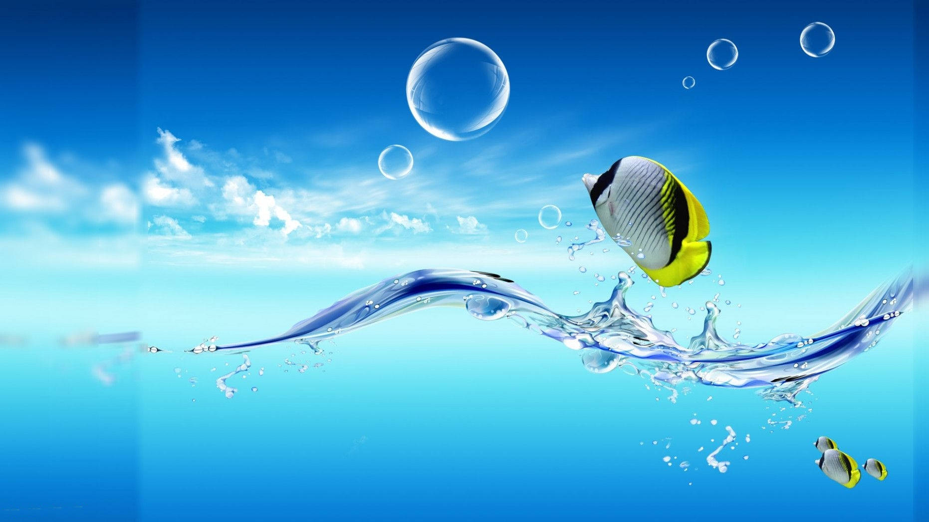 butterfly fish, vibrant yellow and black, blue water wave, HD Desktop Wallpaper