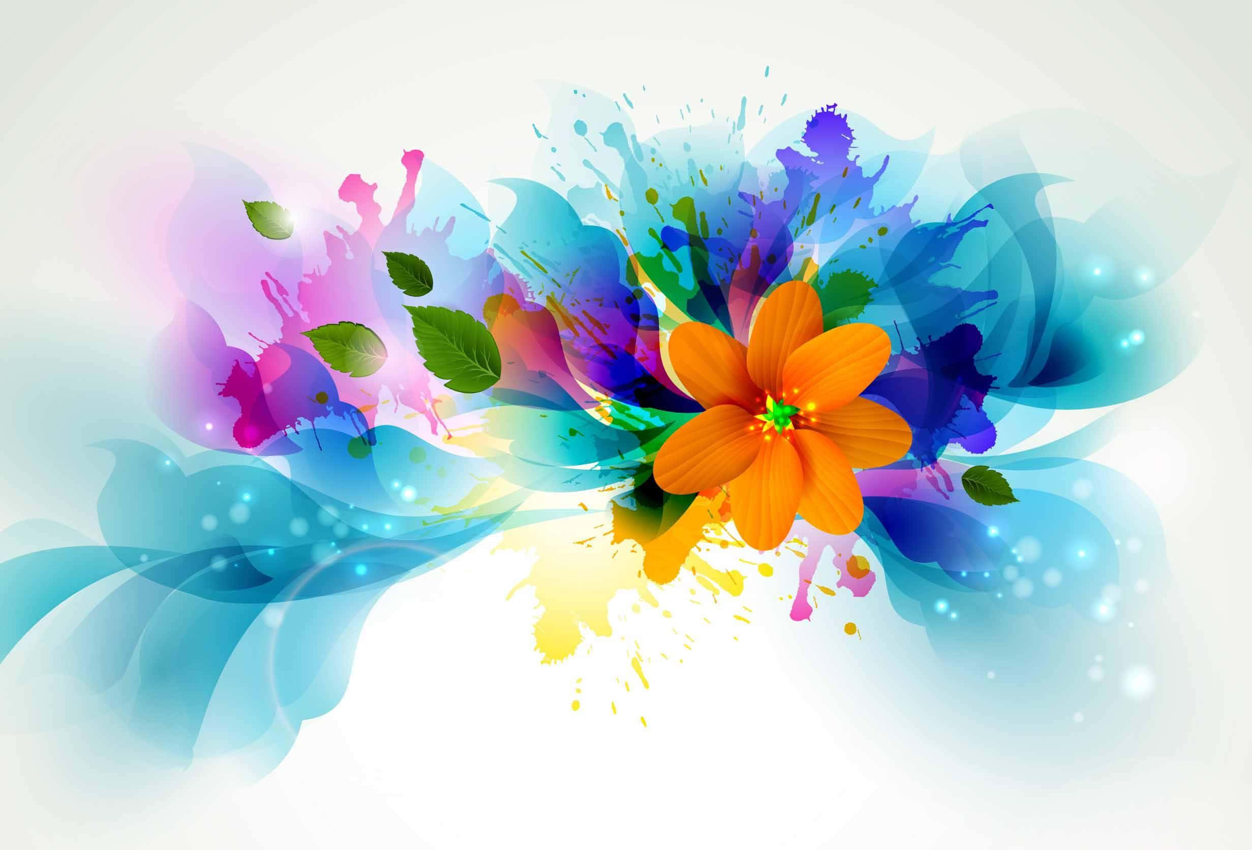 3d flower, vibrant orange flower, swirling colorful paint splatters, Full HD Desktop Wallpaper