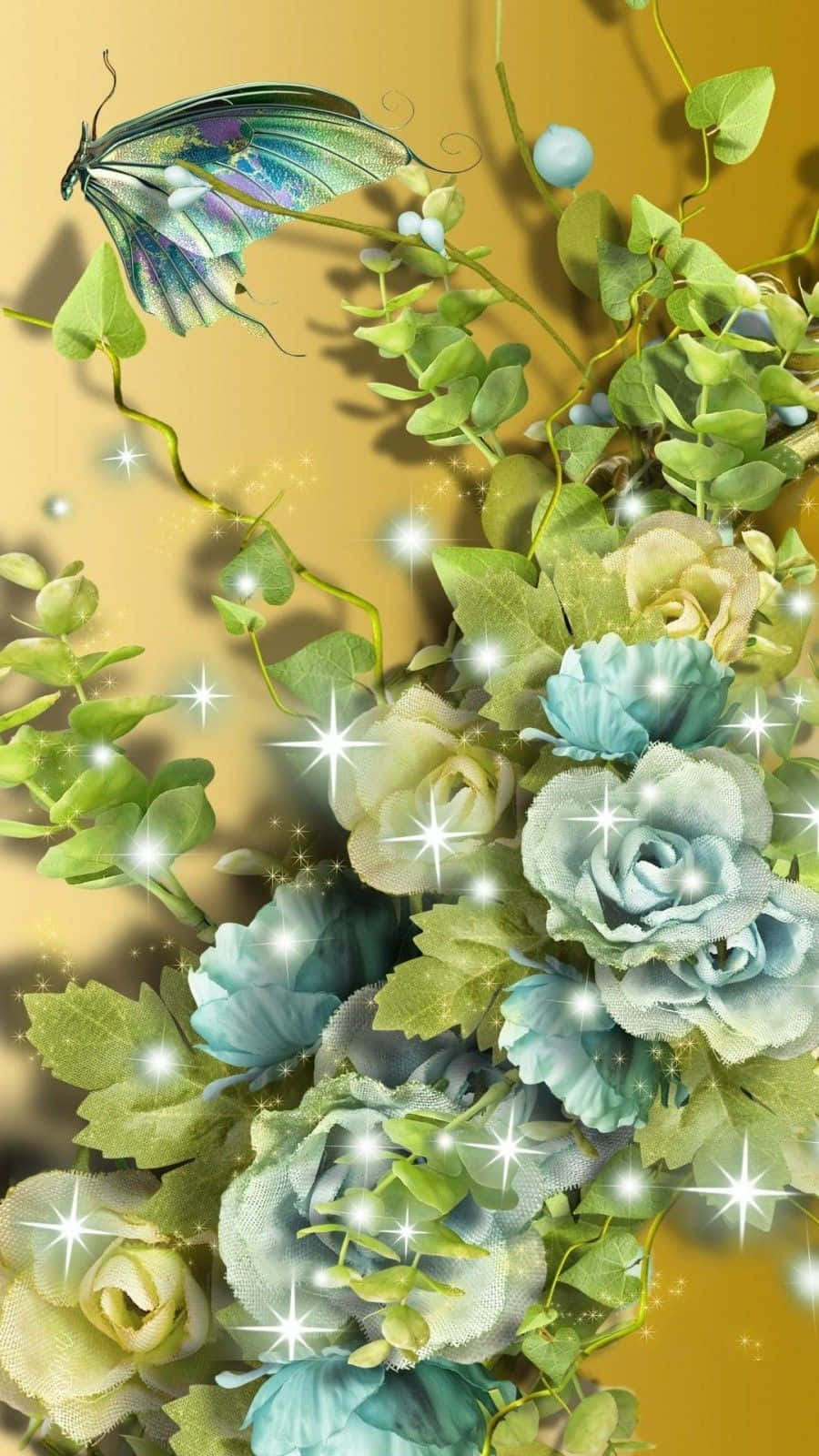 3d flower, glowing blue roses, shimmering butterfly, HD Phone Wallpaper