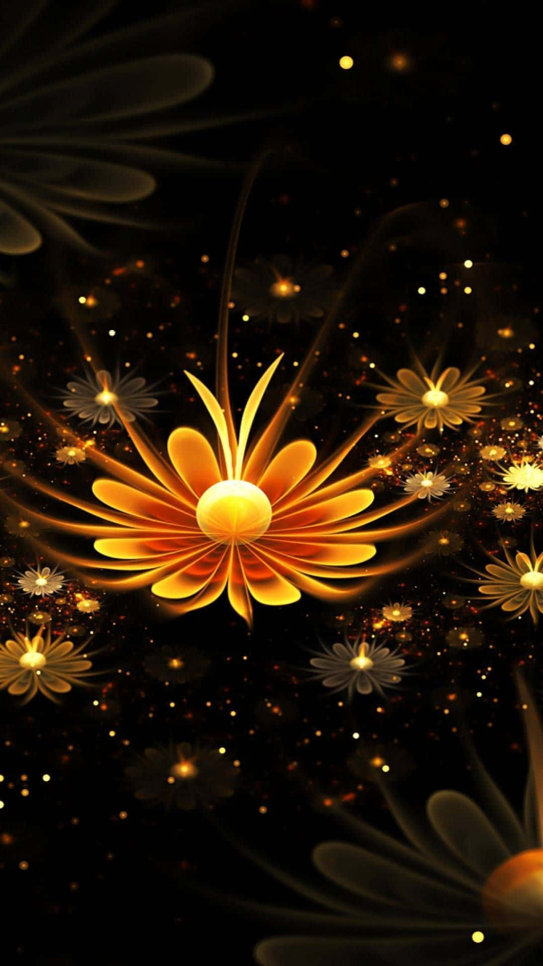 3d flower, golden flower, dark cosmic backdrop, Full HD Phone Wallpaper