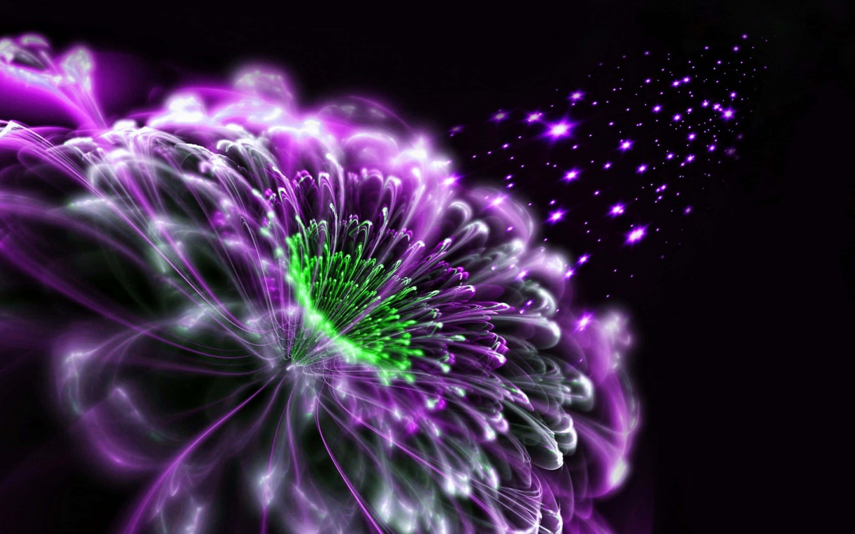 3d flower, glowing purple fractal flower, green core, 2K Desktop Wallpaper