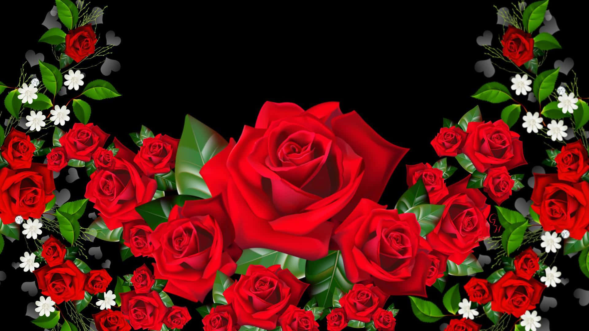 3d flower, vibrant red roses, white flowers, Full HD Desktop Wallpaper