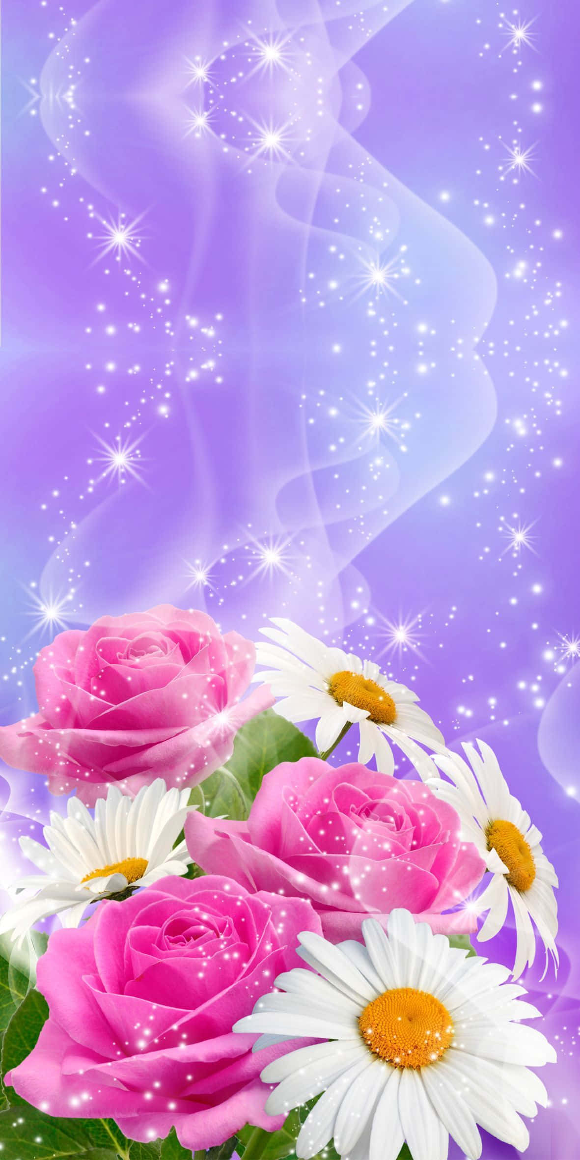 3d flower, pink roses, white daisies, Full HD Phone Wallpaper