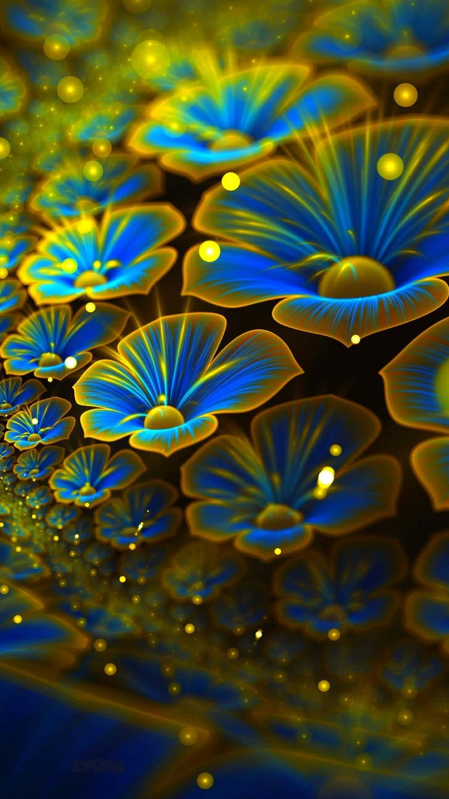 3d flower, vibrant blue, gold glowing flowers, 2K Phone Wallpaper