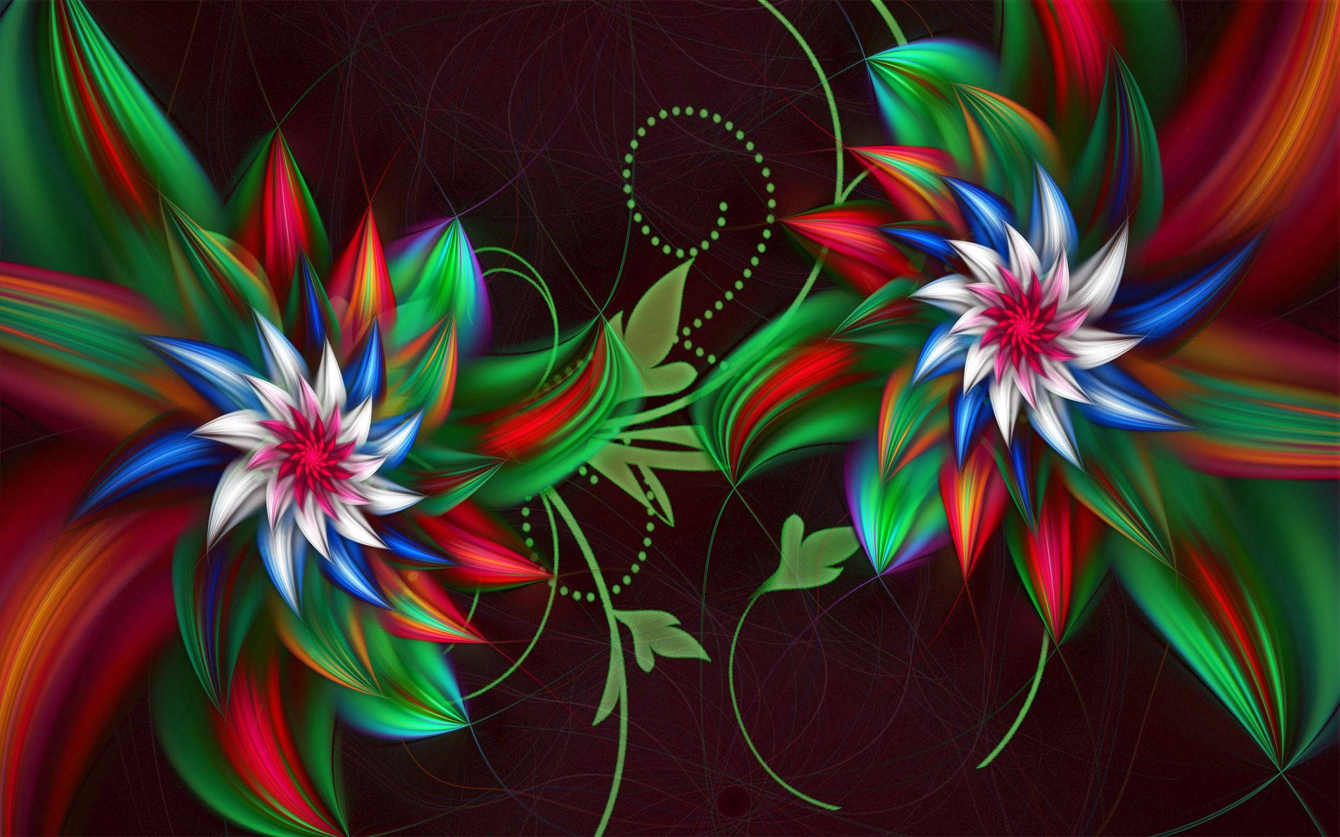 3d psychedelic flowers, fractal flowers, blue white and red petals, Full HD Desktop Wallpaper
