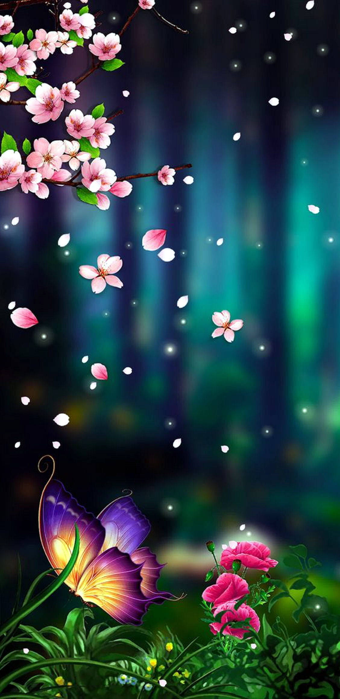 fantasy flower mobile, pink cherry blossoms, vibrant purple butterfly, Full HD Phone Wallpaper