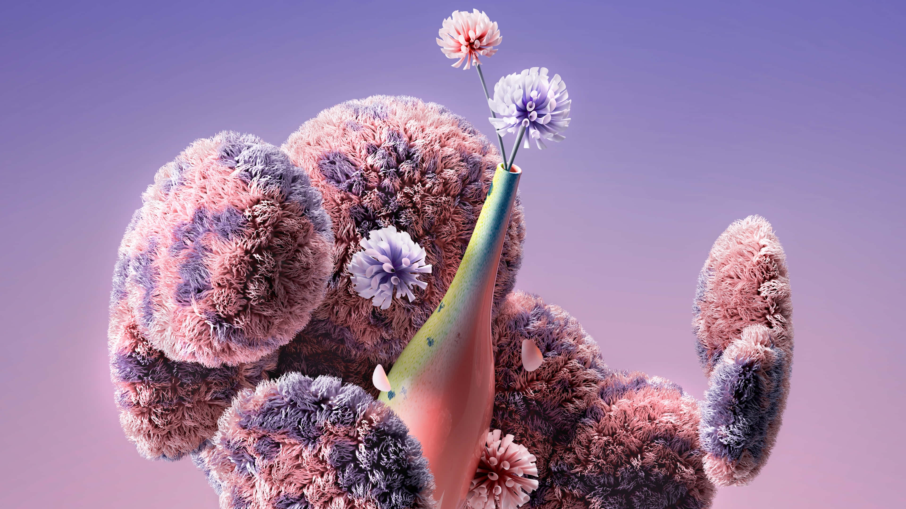 floral furry fantasy3 d art, pink and purple teddy bear, colorful vase, 4K Desktop Wallpaper