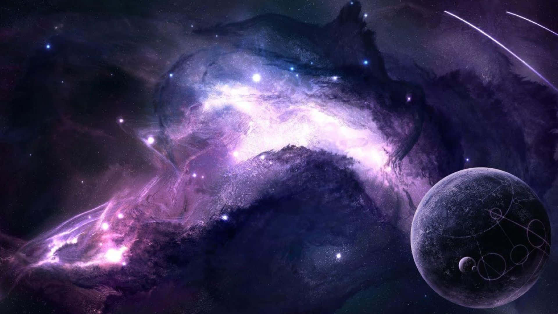 3d galaxy, purple and pink hues, dark planet with glowing rings, Full HD Desktop Wallpaper