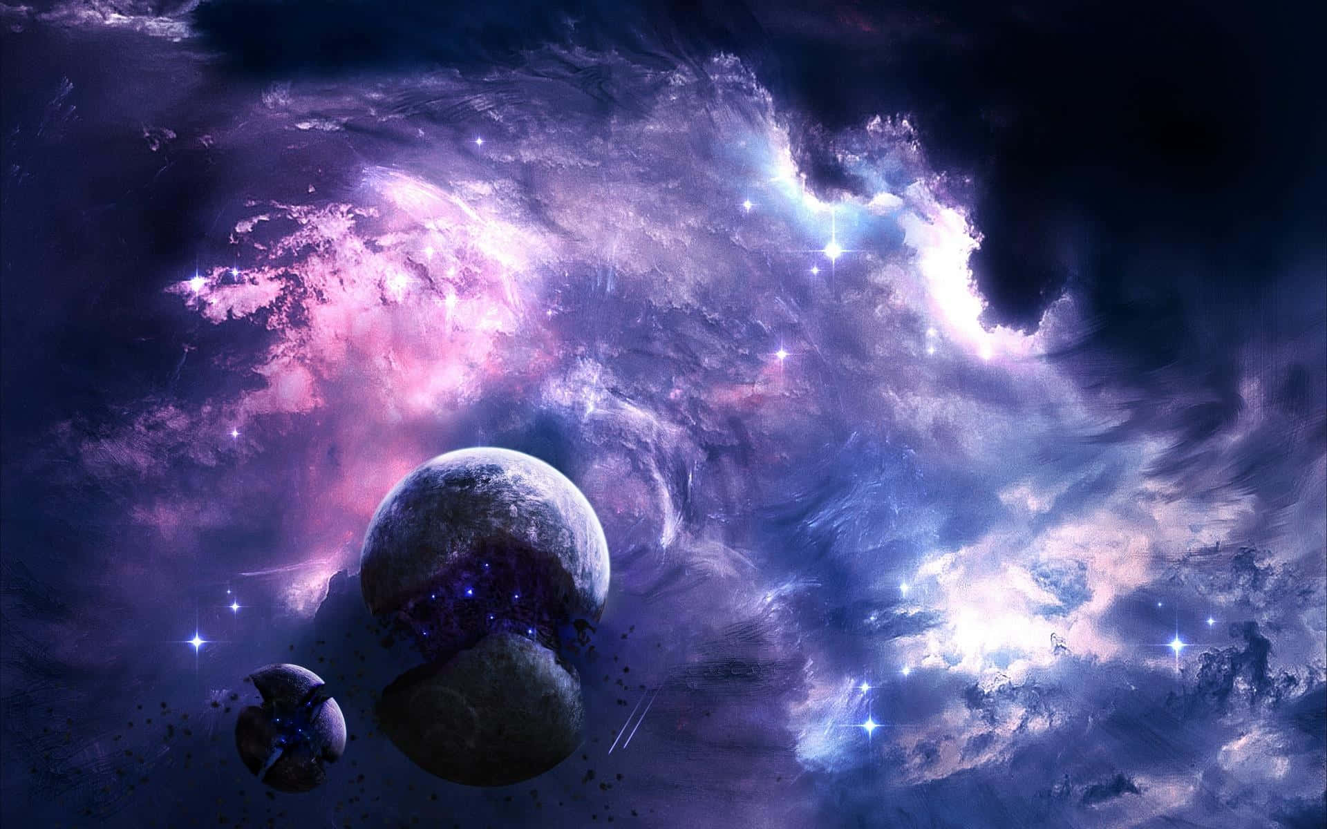 3d galaxy, purple and blue nebulae, two planets, Full HD Desktop Wallpaper