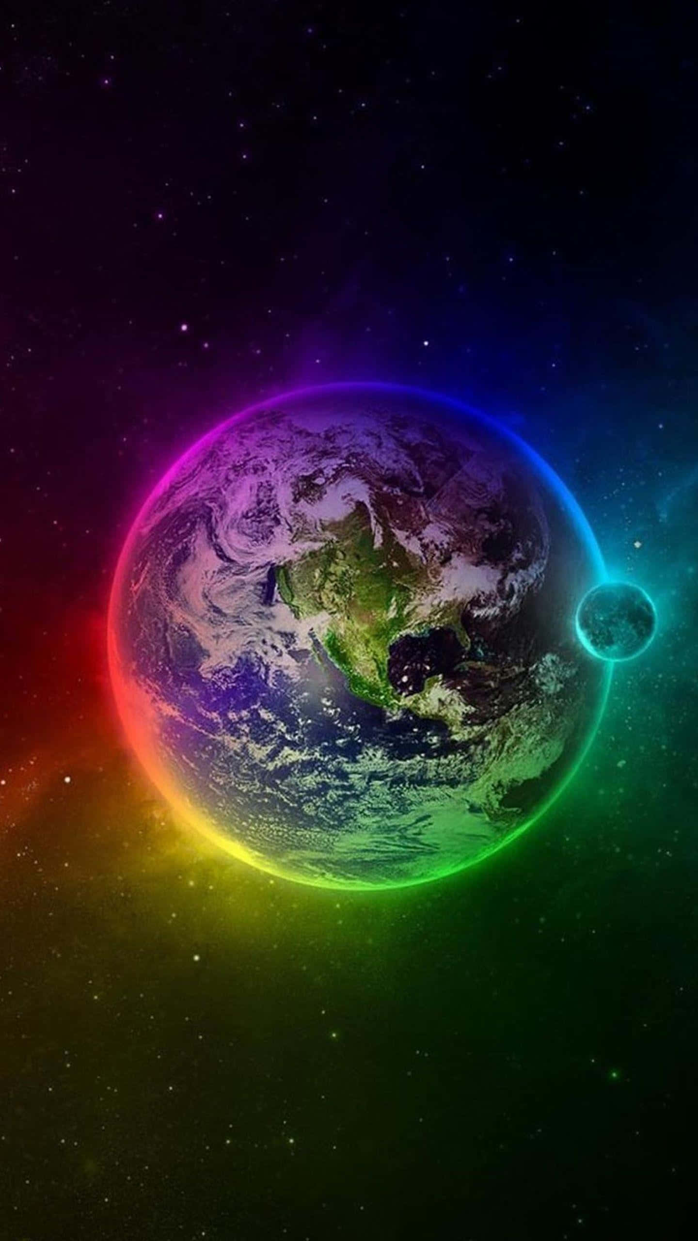 3d galaxy, rainbow aura, Earth, 2K Phone Wallpaper