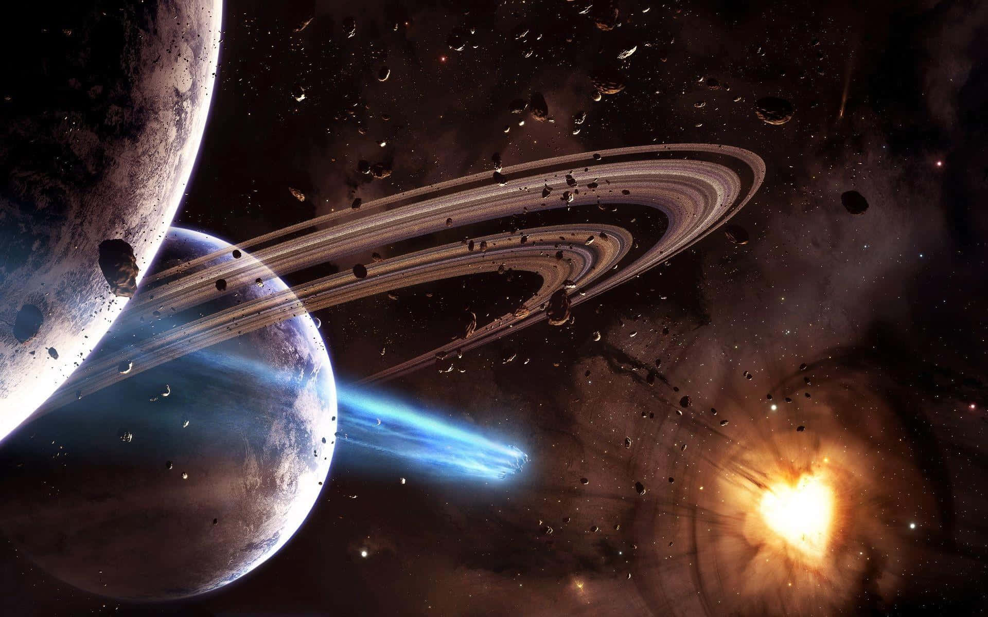3d galaxy, ringed planet, glowing blue comet, Full HD Desktop Wallpaper