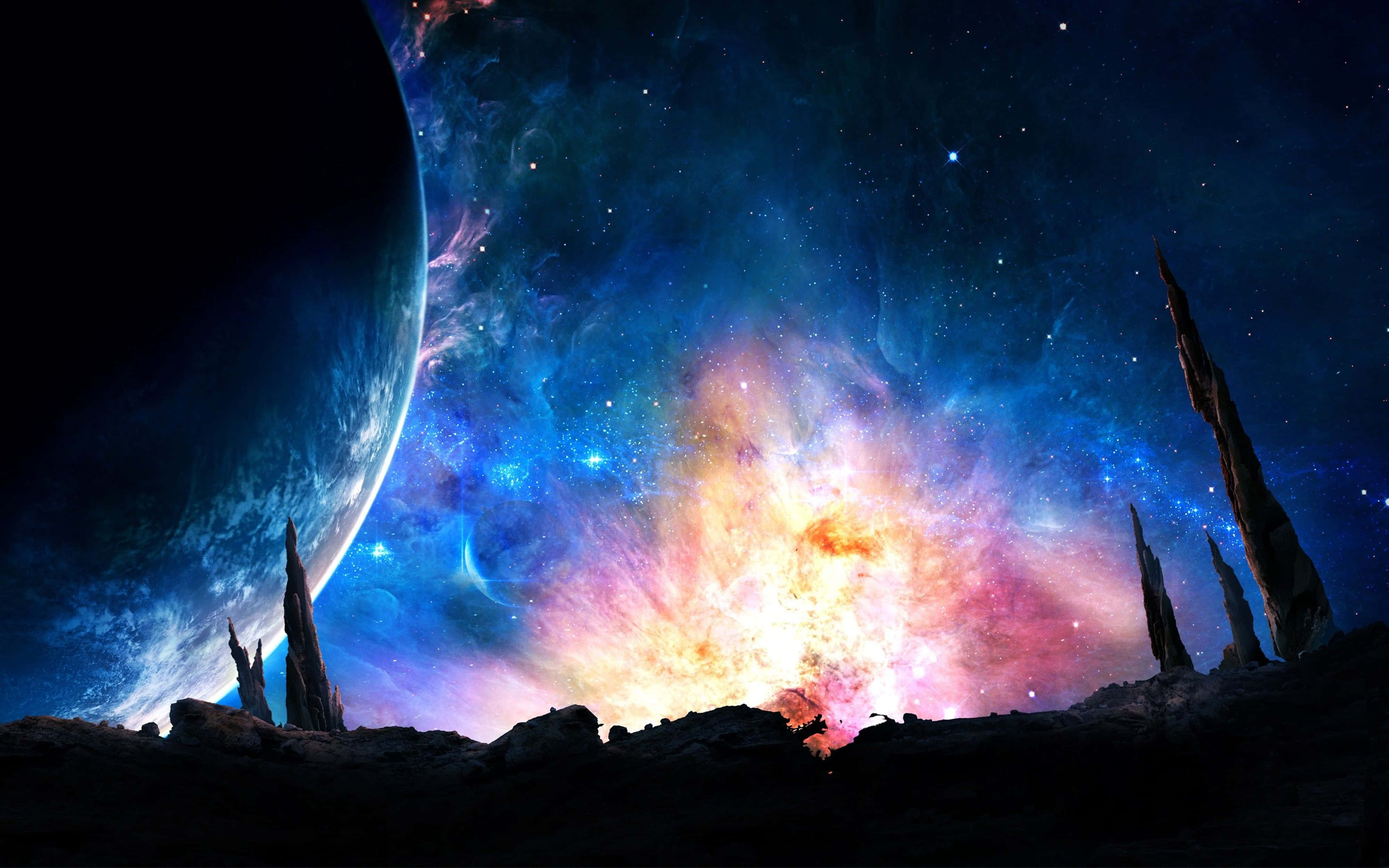 4K Universe Fantasy Galaxy, jagged alien rock formations, vibrant nebula, 4K Desktop Wallpaper