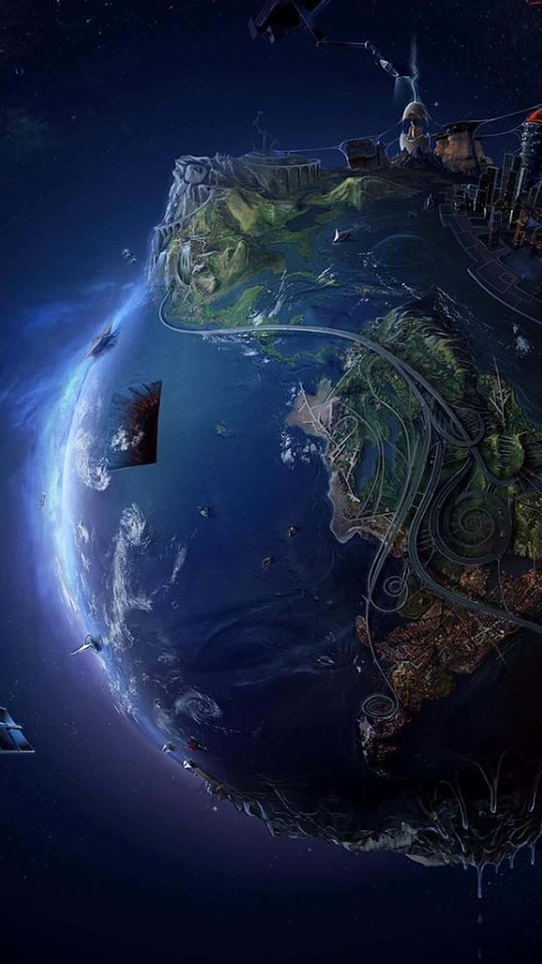 3d galaxy, floating planet, lush green continents, Full HD Phone Wallpaper