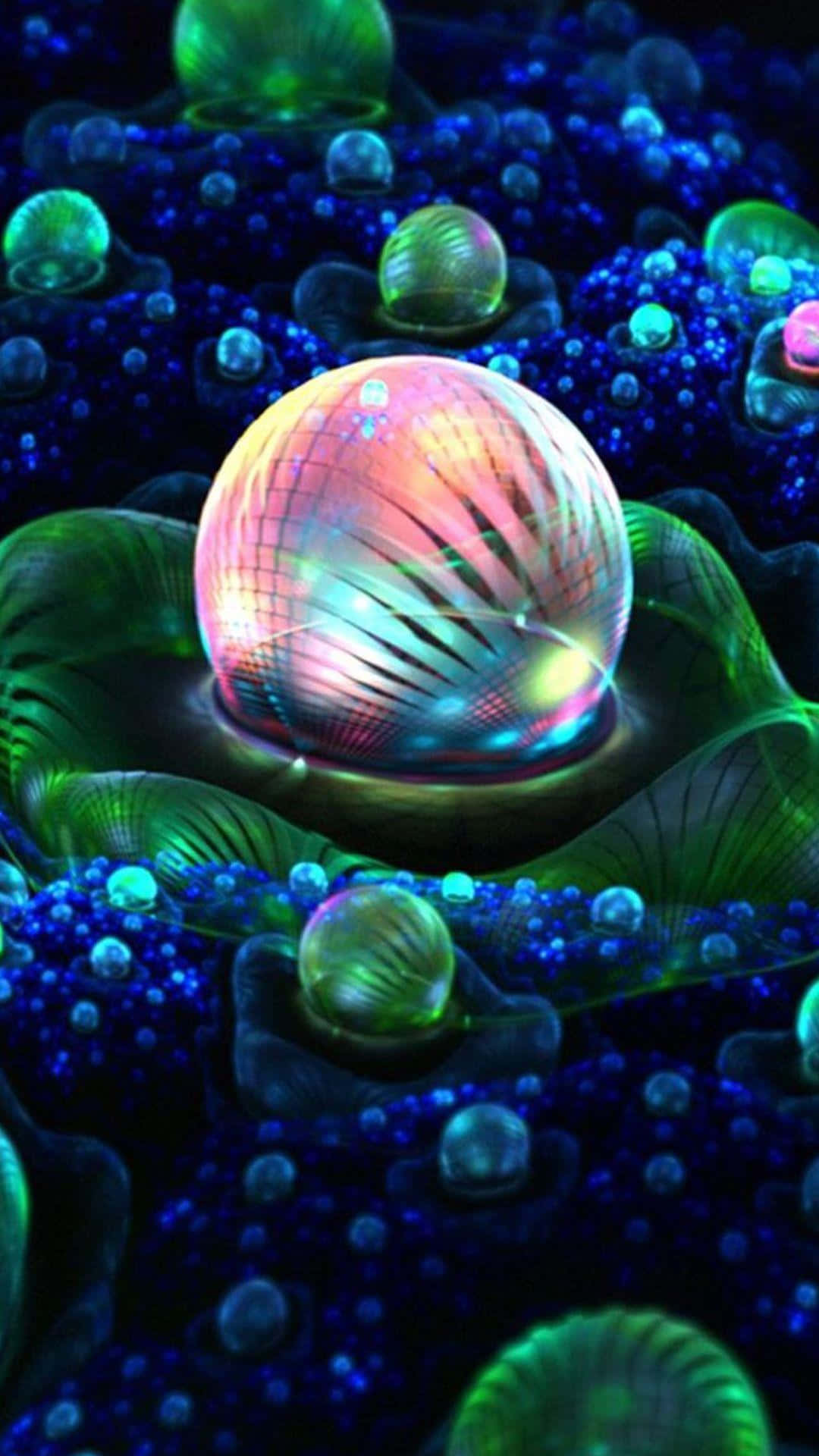 3d galaxy, disco ball, green organic structures, Full HD Phone Wallpaper