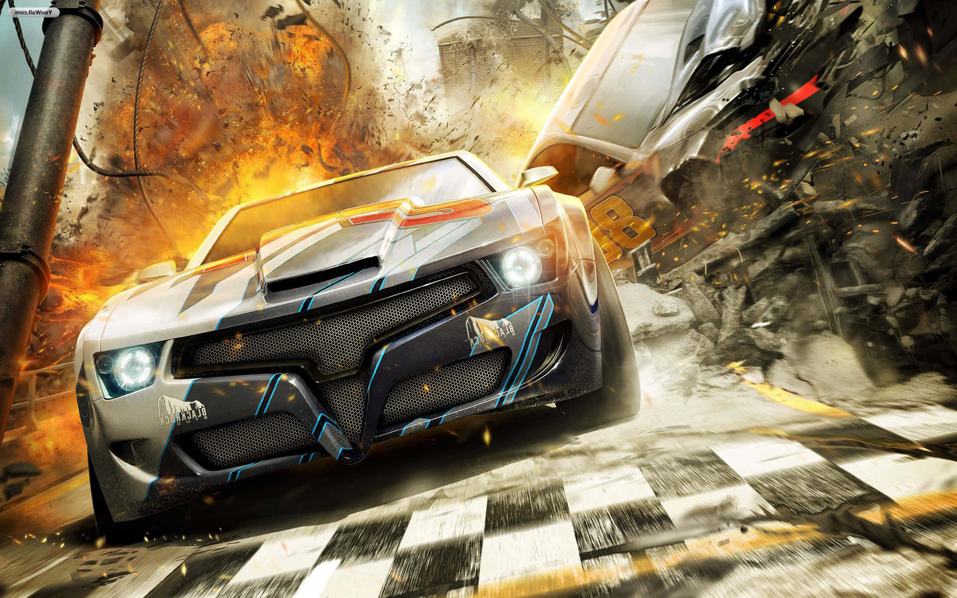 white and blue race car, checkered track, explosions, Full HD Desktop Wallpaper