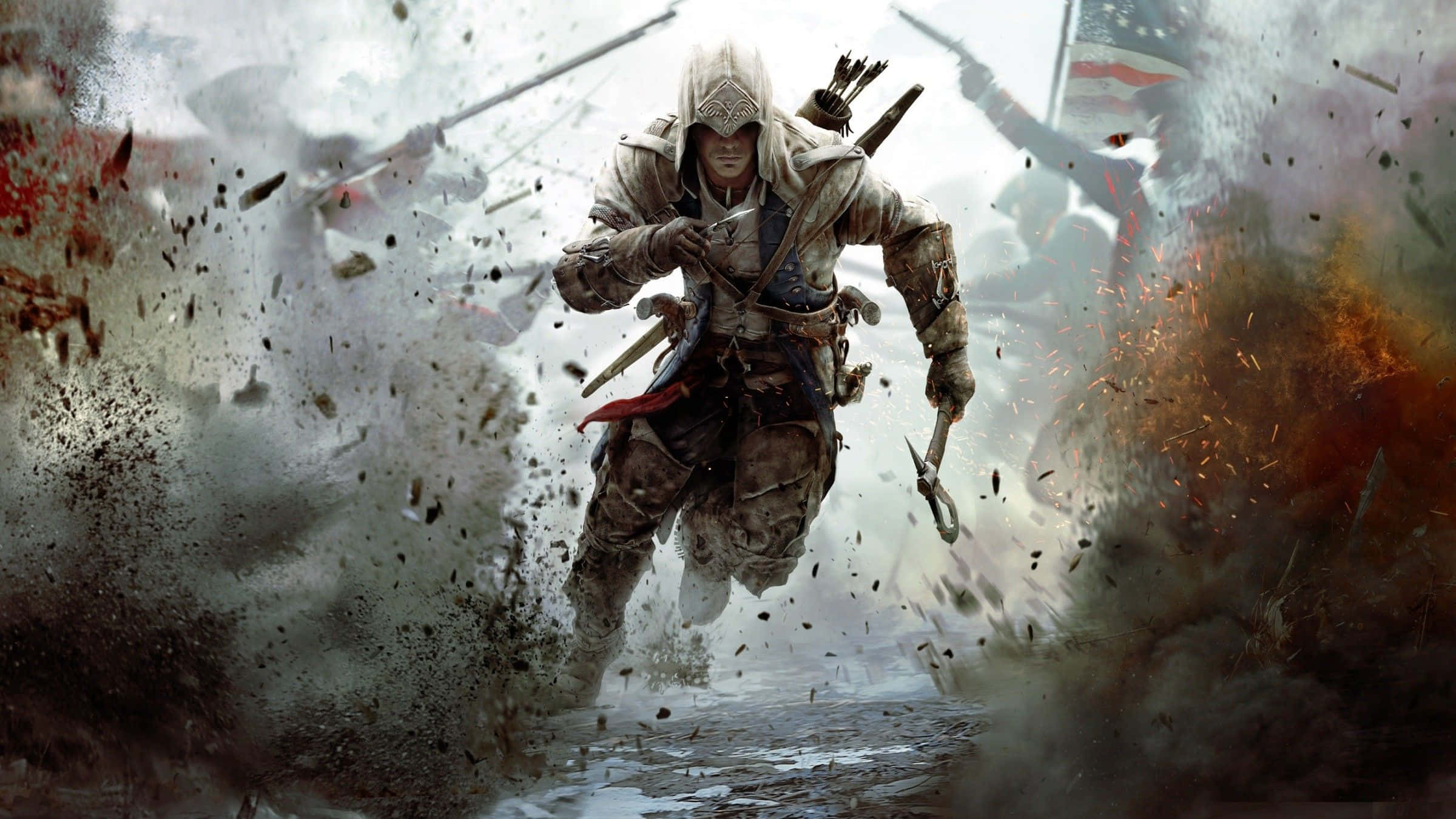 3D Gaming, hooded assassin, chaotic battlefield explosion, Full HD Desktop Wallpaper