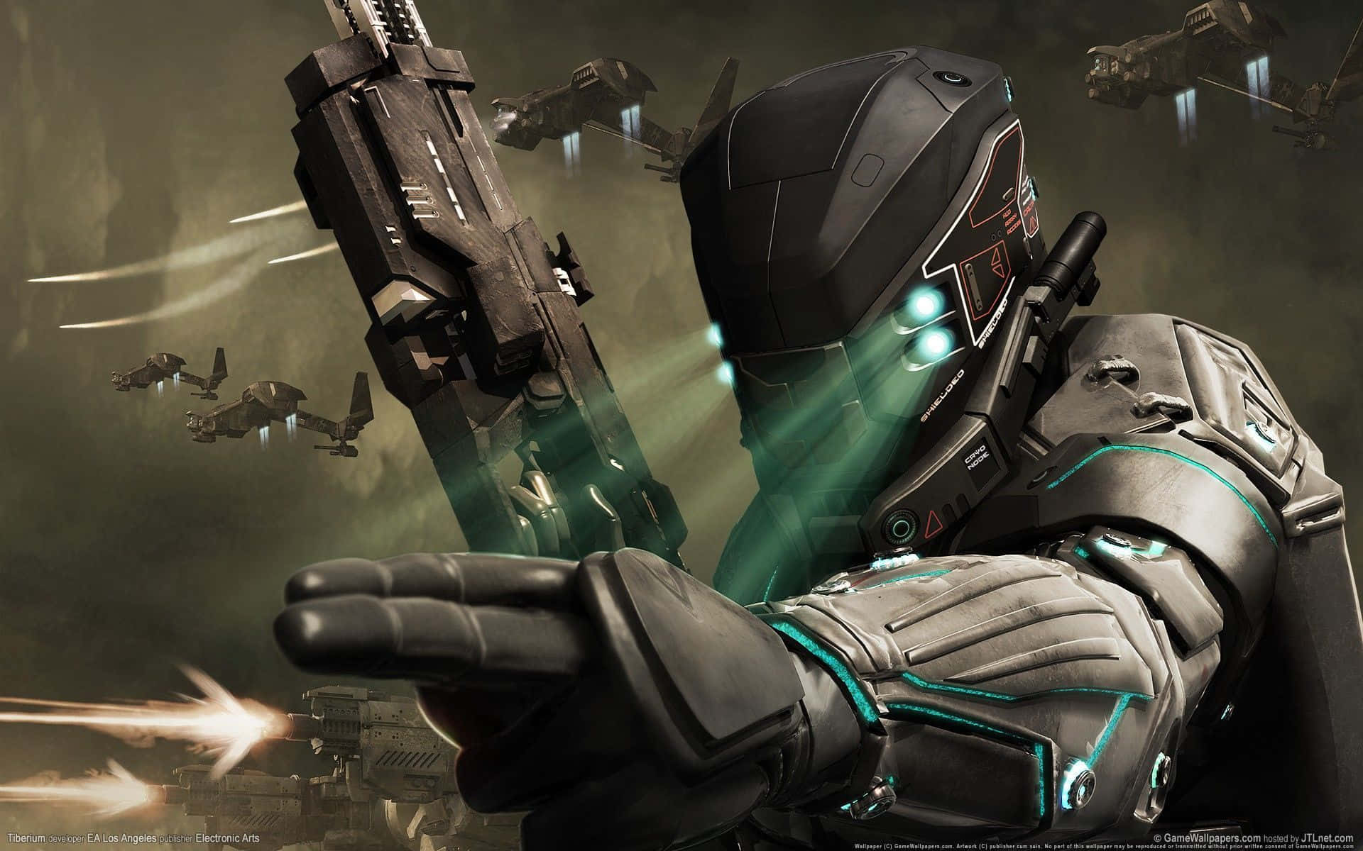 futuristic soldier, black armor, glowing teal accents, Full HD Desktop Wallpaper