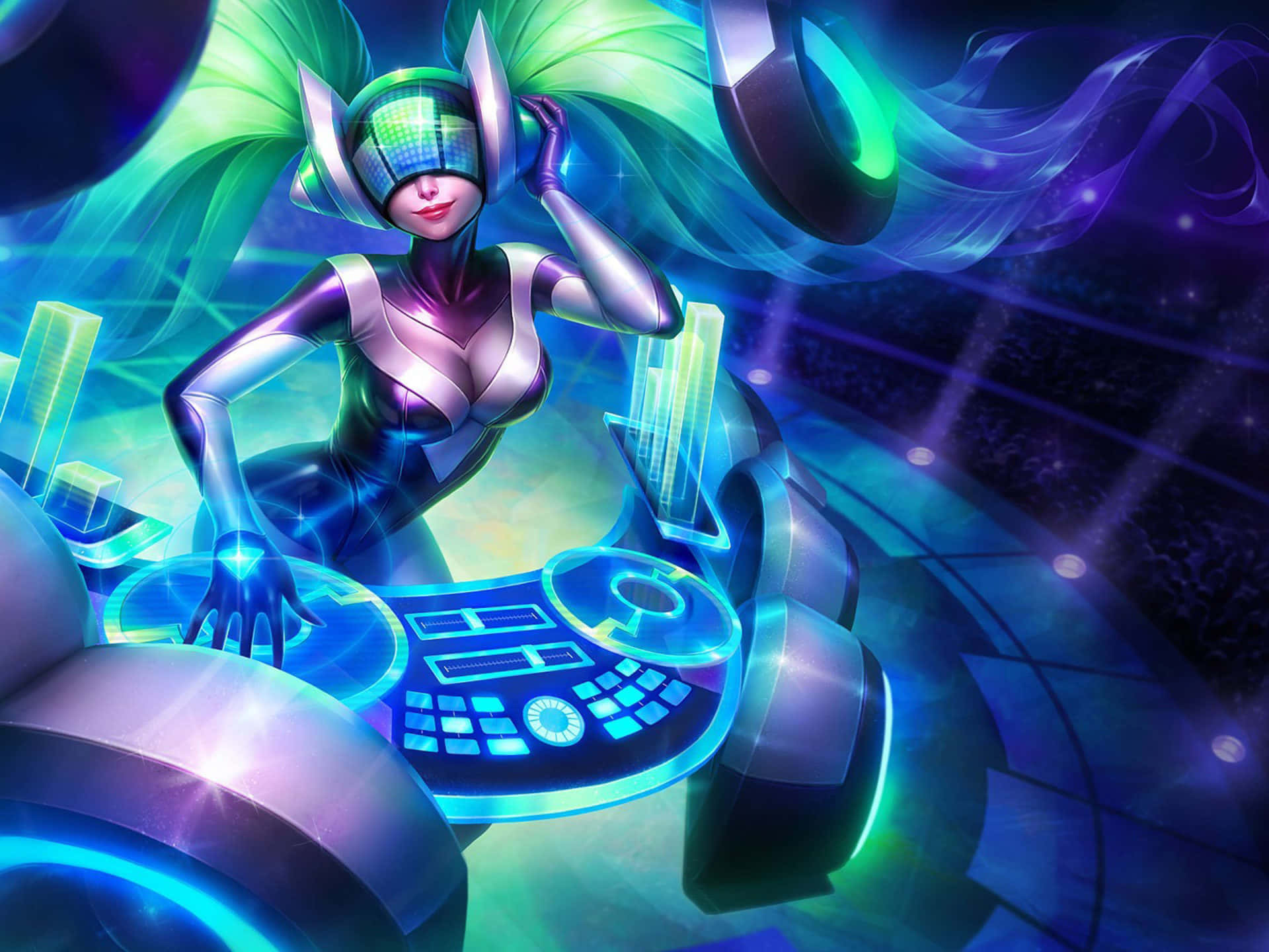 futuristic anime DJ, glowing green hair, cybernetic gear, Full HD Desktop Wallpaper