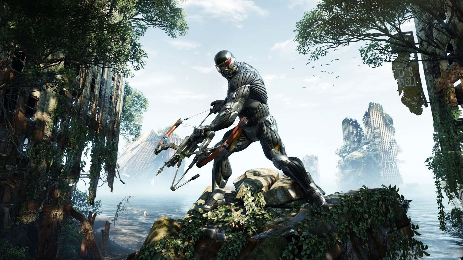 futuristic soldier, sleek armor, mossy ruin, Full HD Desktop Wallpaper