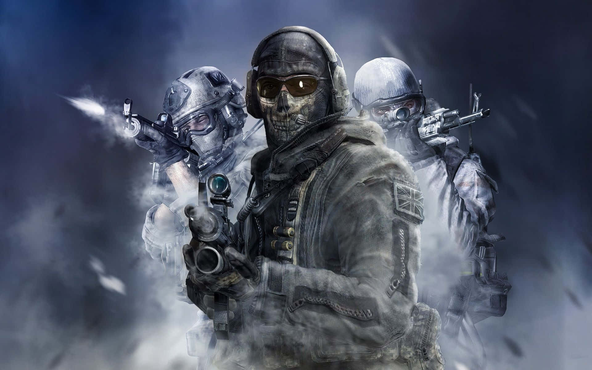 3D Gaming Battle Scene, skull-faced soldiers, tactical gear, Full HD Desktop Wallpaper