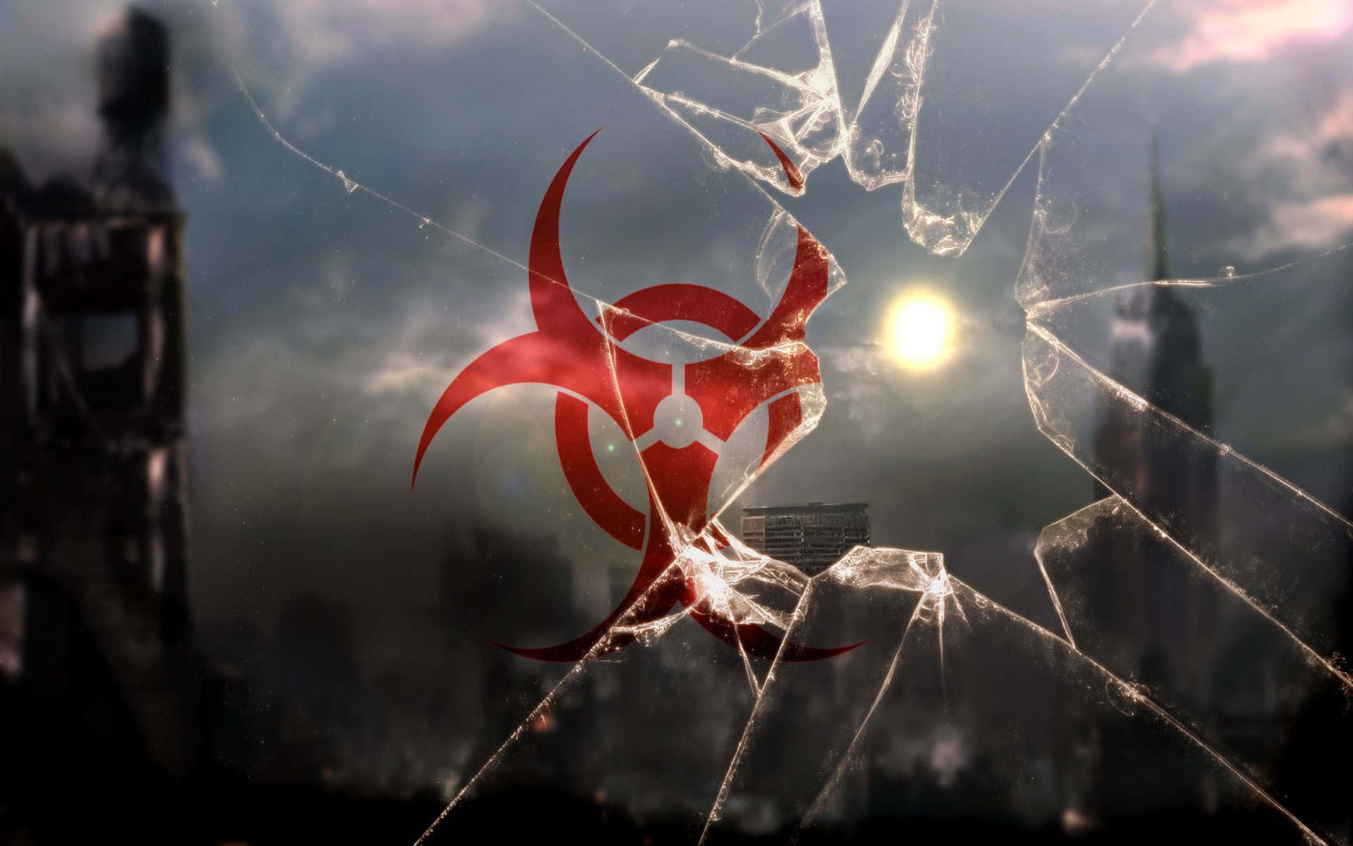 red biohazard symbol, shattered glass, gloomy city skyline, Full HD Desktop Wallpaper