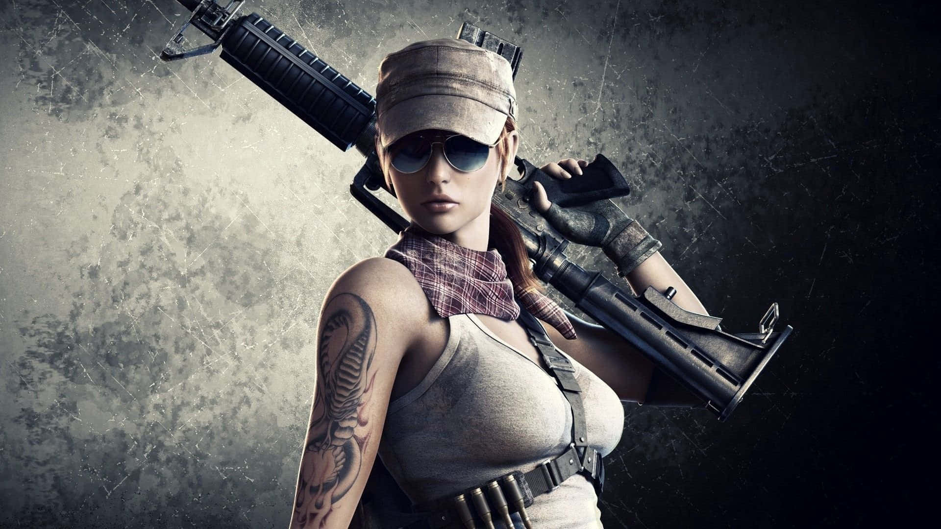 futuristic 3D Gaming Battle Arena, female soldier, scorpion tattoo, Full HD Desktop Wallpaper