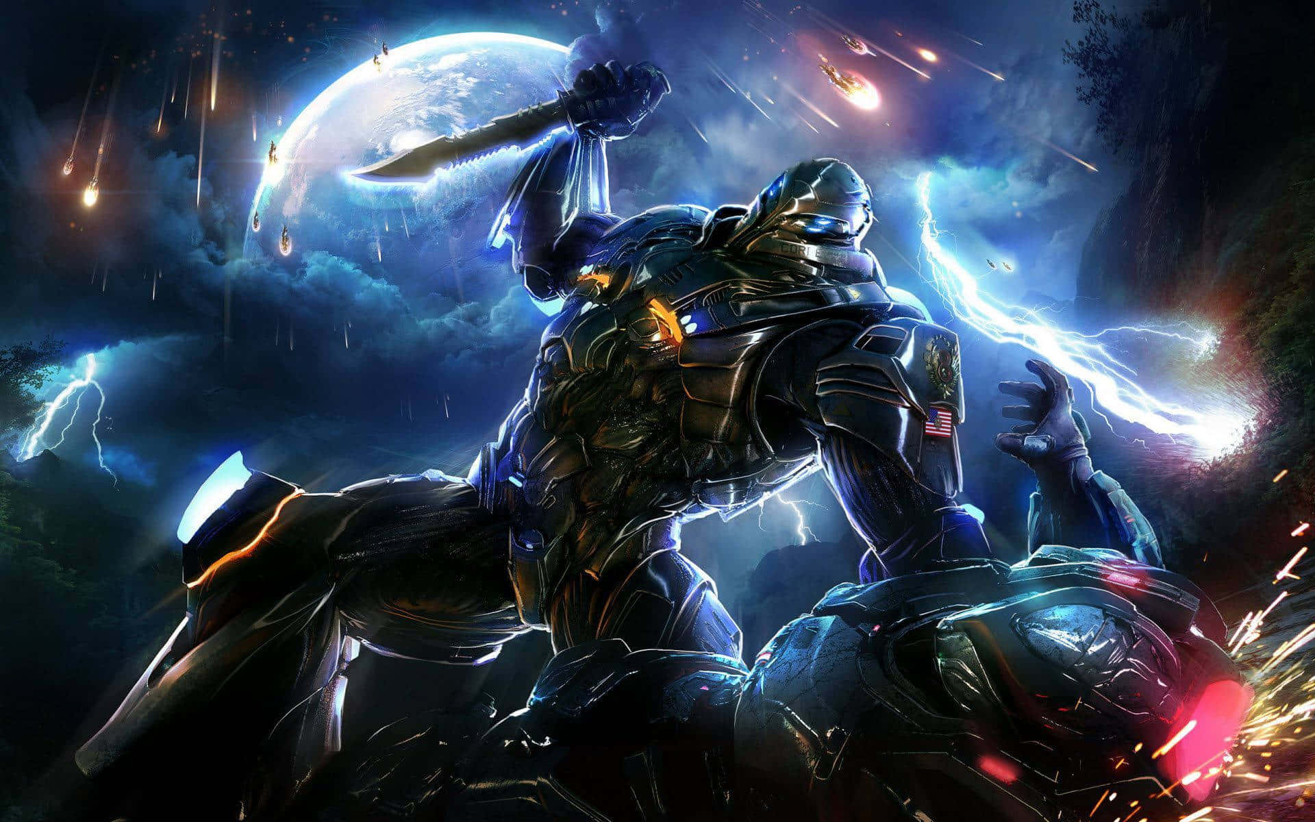 futuristic warrior, dark armor, glowing sword, Full HD Desktop Wallpaper