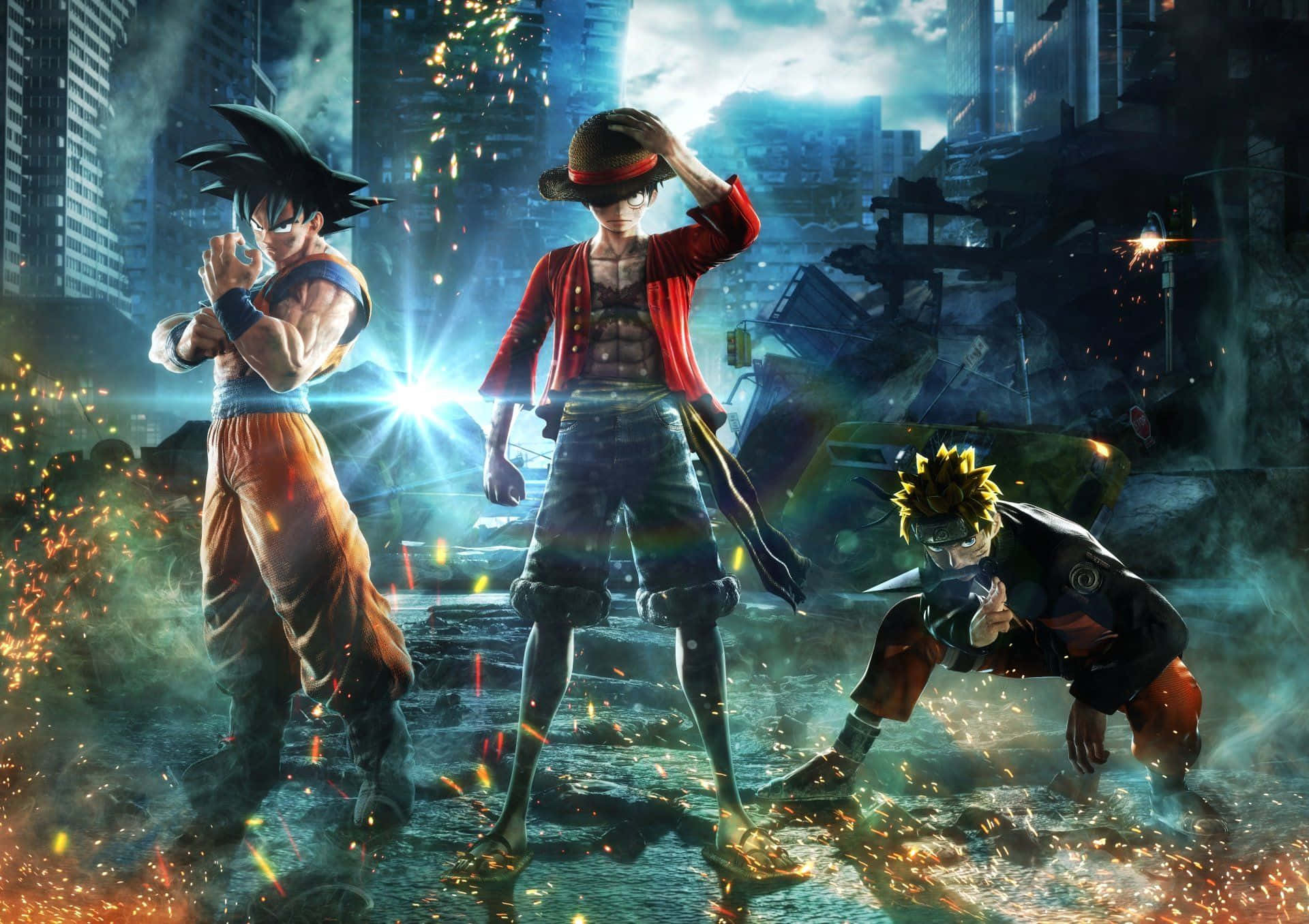 3D Gaming, anime heroes, shattered cityscape, Full HD Desktop Wallpaper