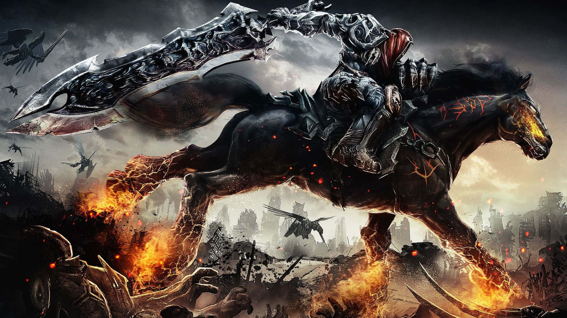 dark knight, flaming black warhorse, burning battlefield, Full HD Desktop Wallpaper
