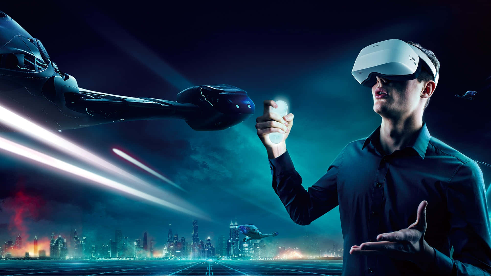 VR headset, futuristic flying vehicle, neon-lit city skyline, Full HD Desktop Wallpaper