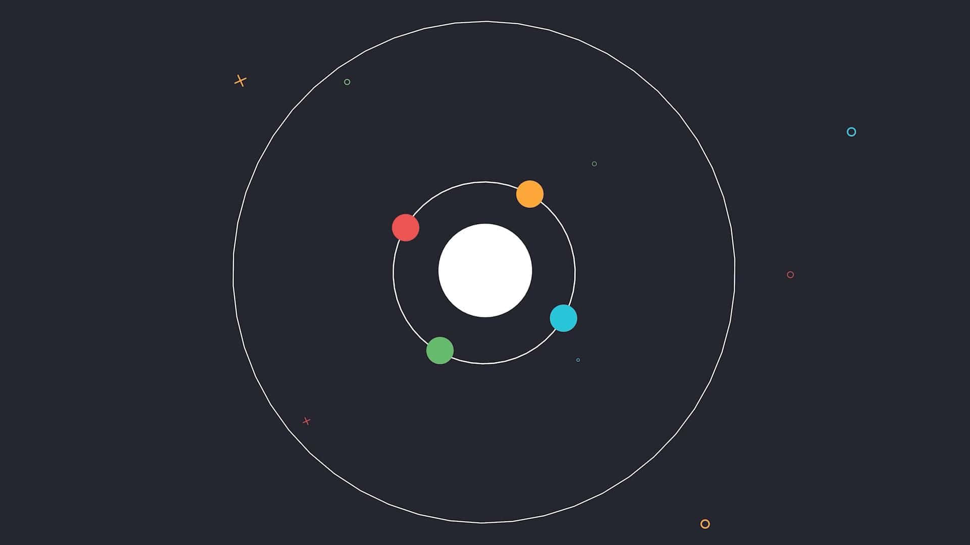 white central orb, four colorful orbs, concentric white paths, Full HD Desktop Wallpaper