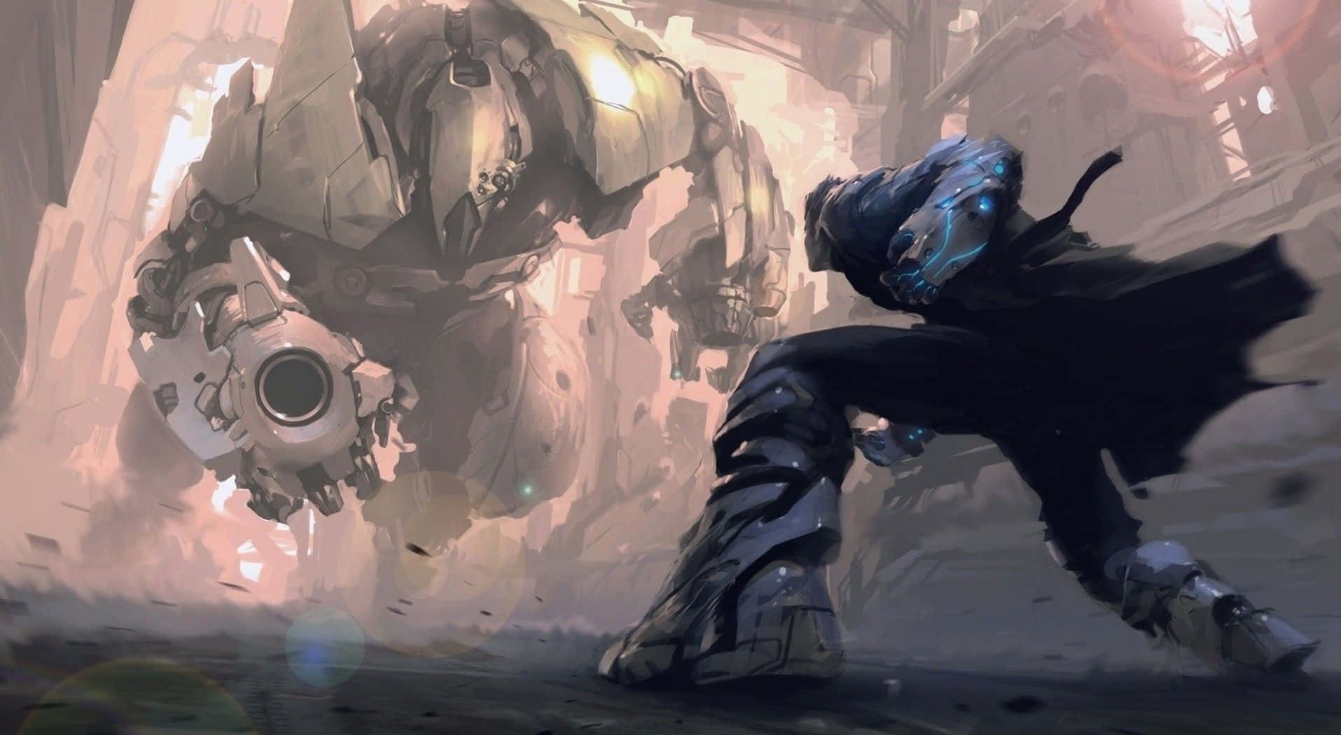 armored warrior, blue glows, massive mechanical giant, HD Desktop Wallpaper